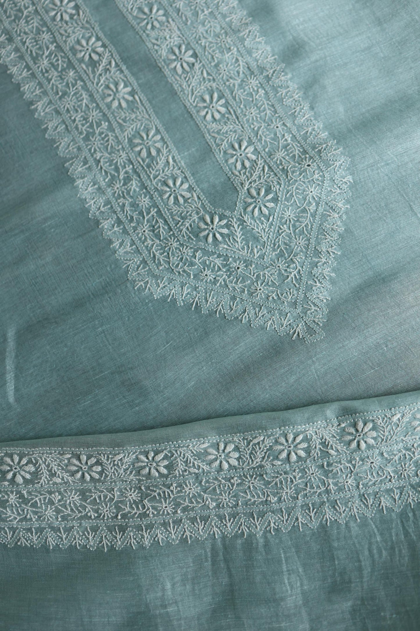 Coral Blue Linen Chikankari Unstitched Men's Kurtas Fabric