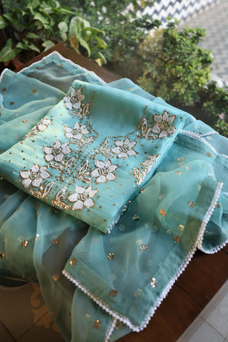 Coral Blue Shade Noor Organza Silk Mukaish Pearl Chikankari Unstitched Fabric