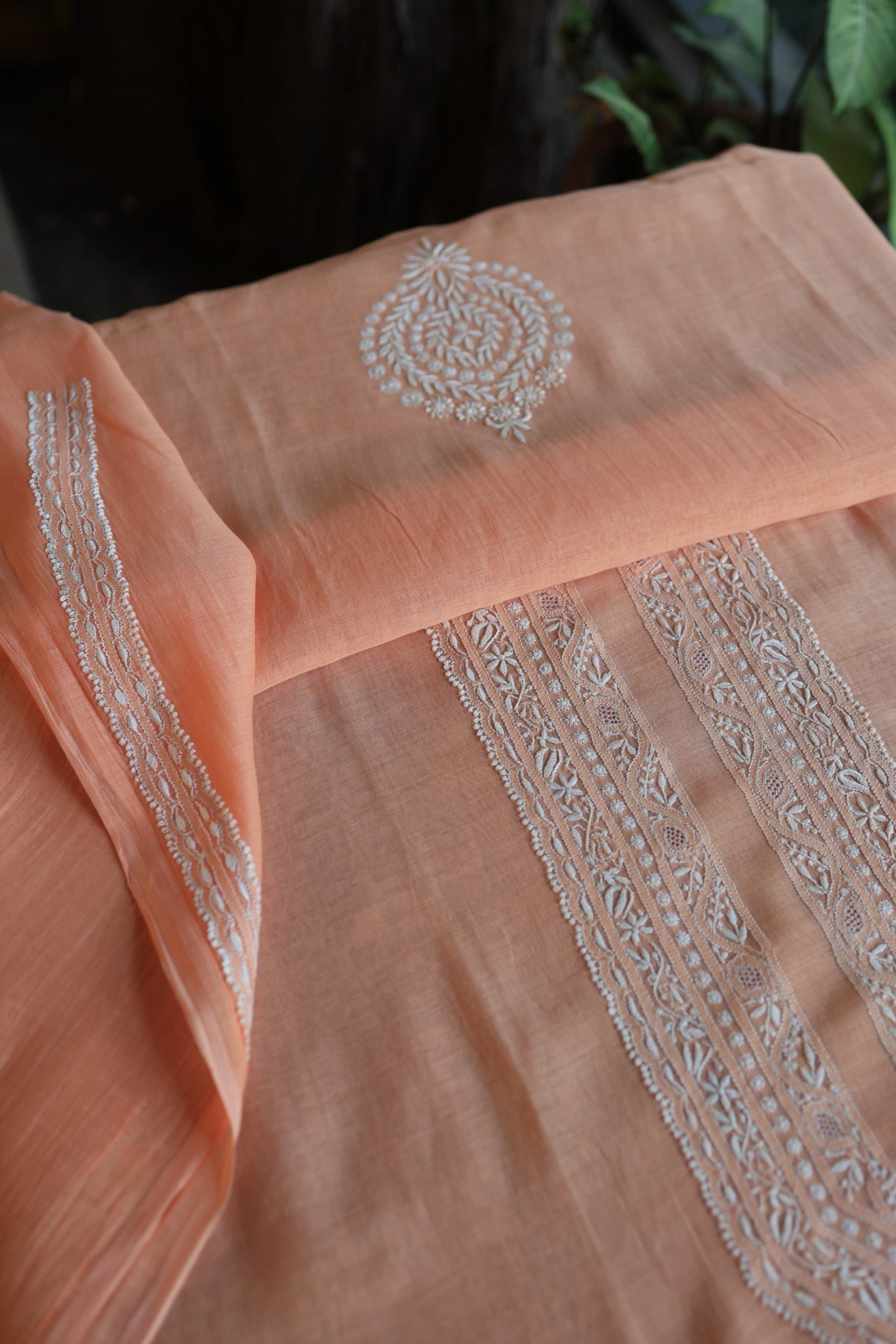Coral Peach Mulmul Chikankari Unstitched Men's Kurtas Fabric