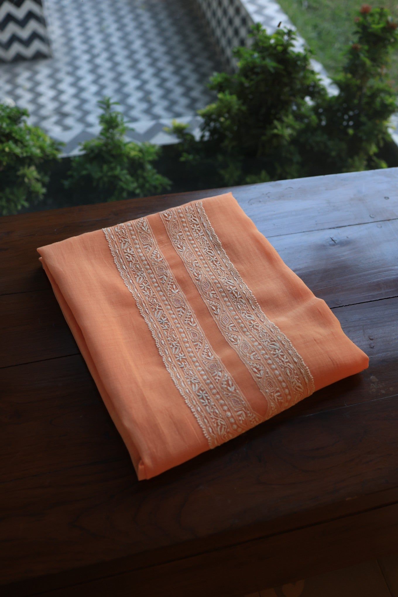 Coral Peach Mulmul Chikankari Unstitched Men's Kurtas Fabric