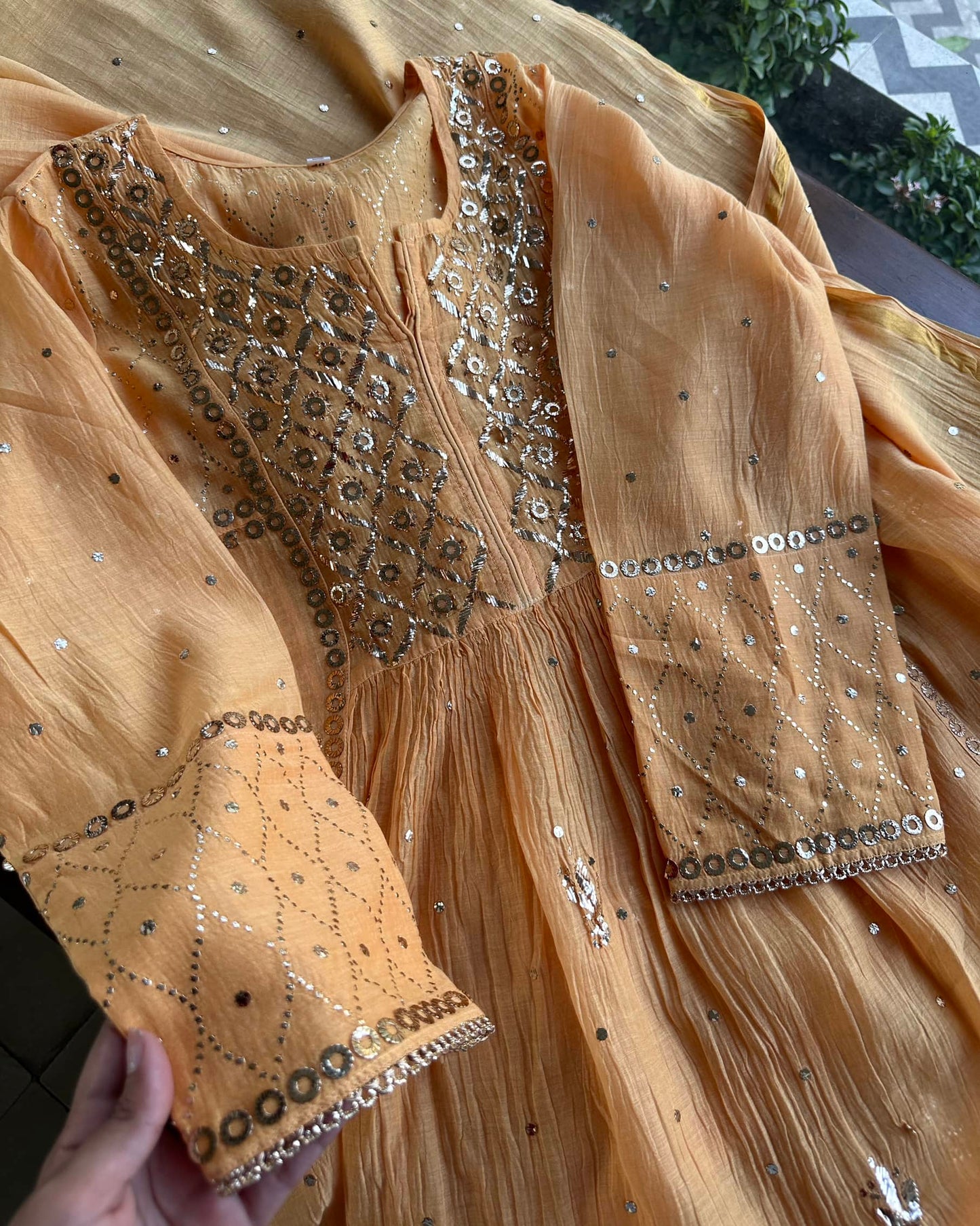 Coral Peach Mukaish Mul Chanderi Silk Dress