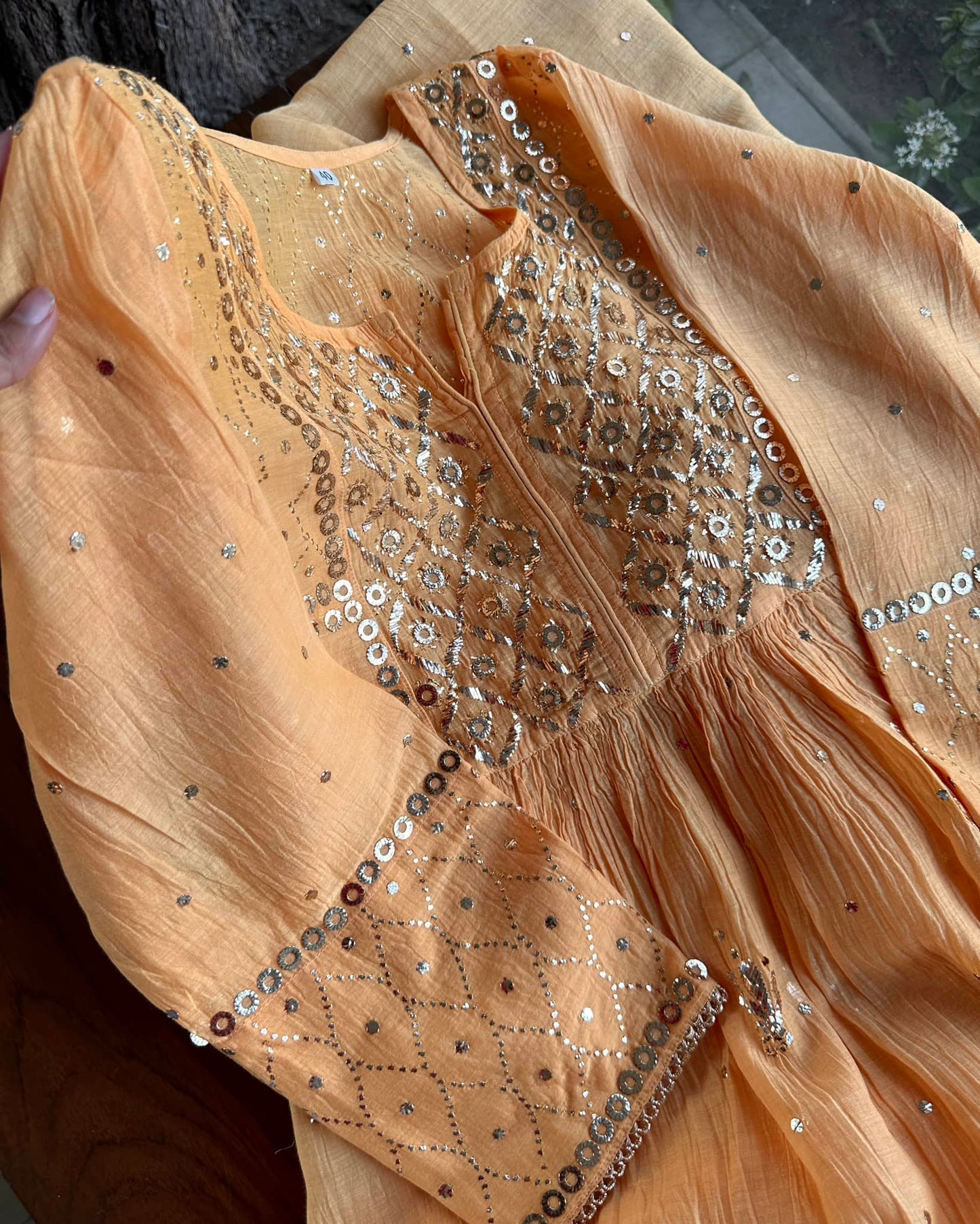 Coral Peach Mukaish Mul Chanderi Silk Dress