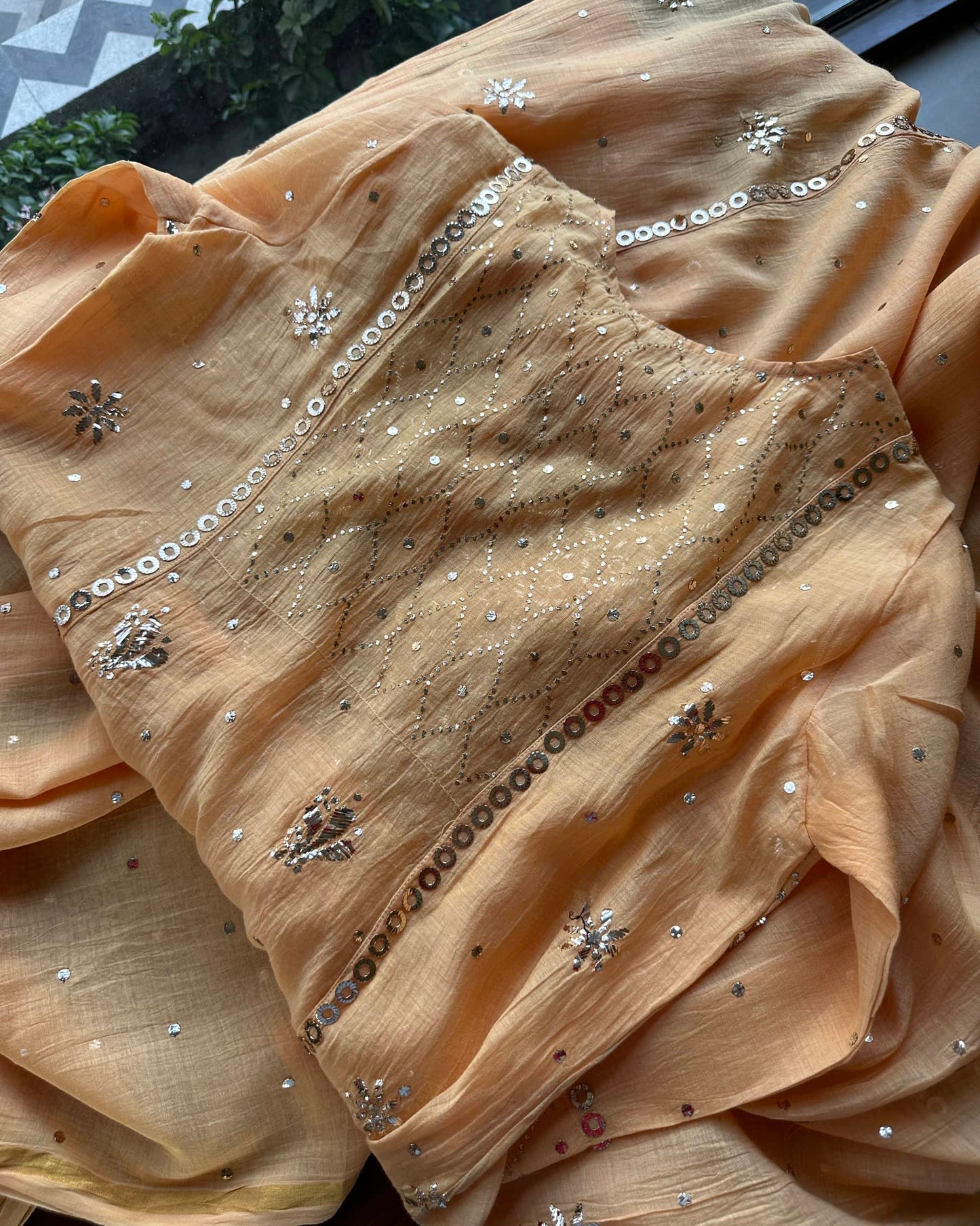 Coral Peach Mukaish Mul Chanderi Silk Dress