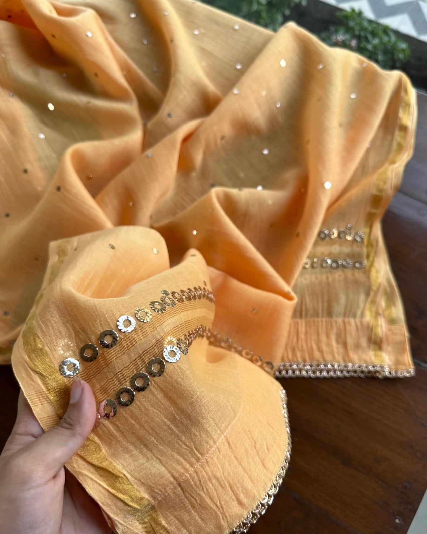Coral Peach Mukaish Mul Chanderi Silk Dress