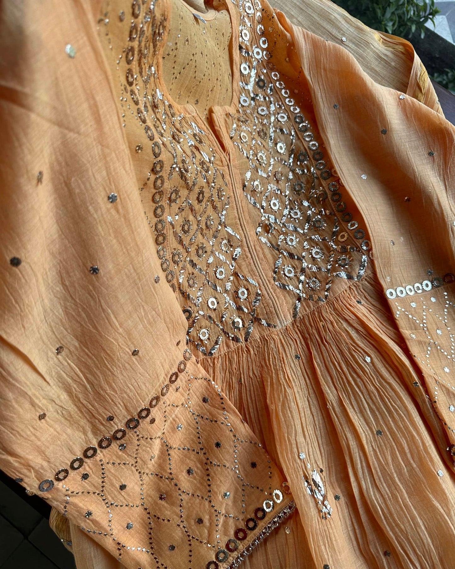 Coral Peach Mukaish Mul Chanderi Silk Dress