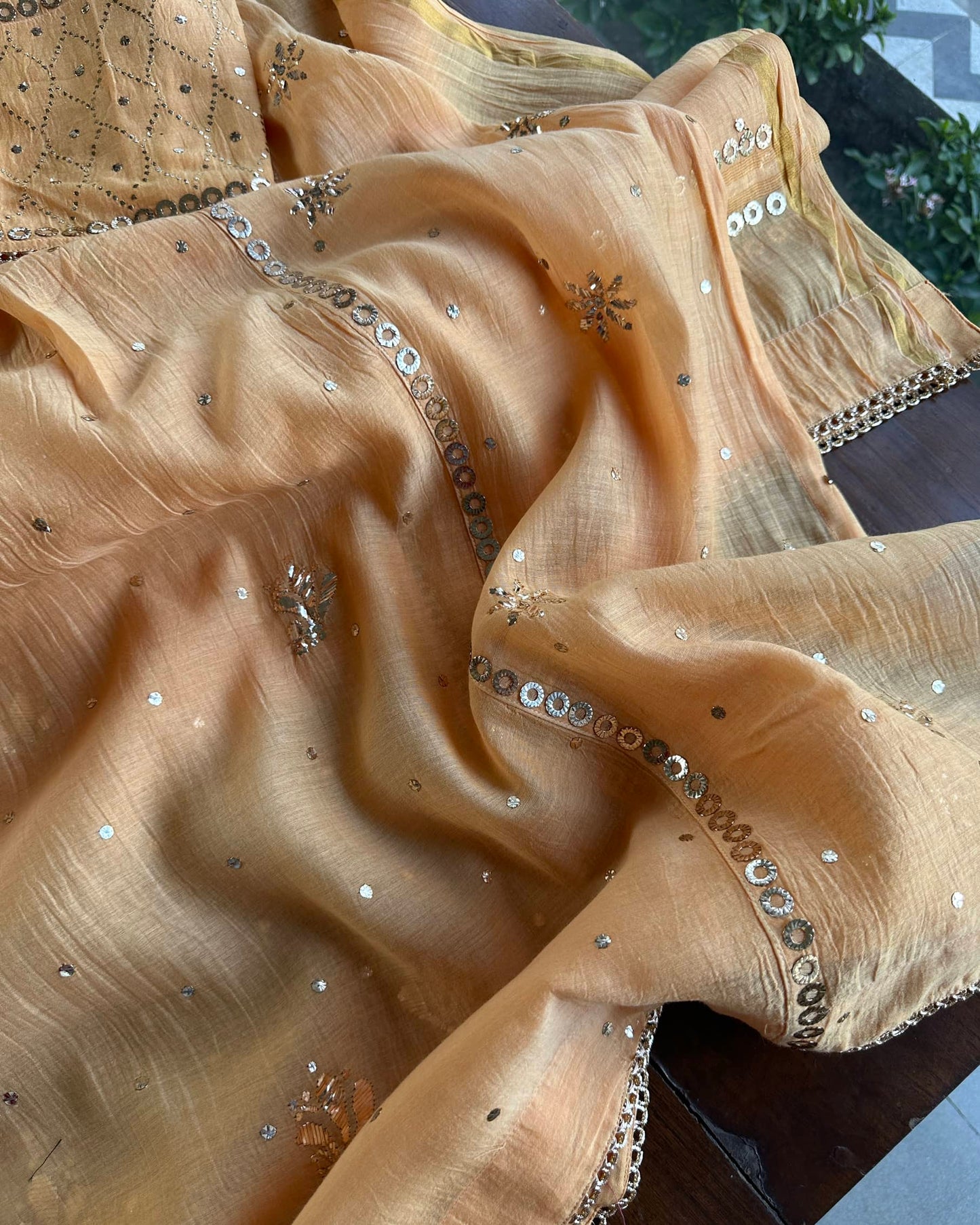 Coral Peach Mukaish Mul Chanderi Silk Dress
