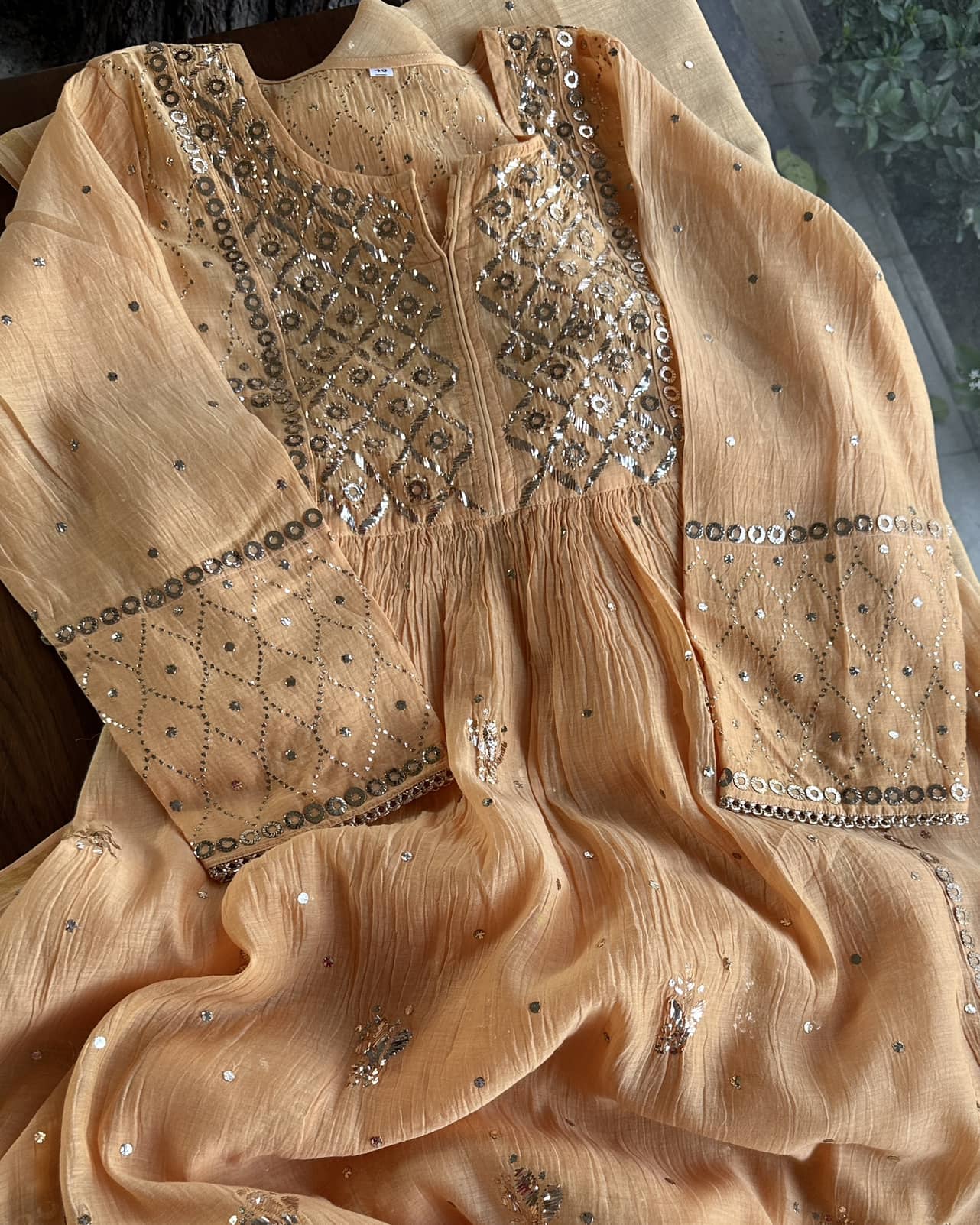 Coral Peach Mukaish Mul Chanderi Silk Dress