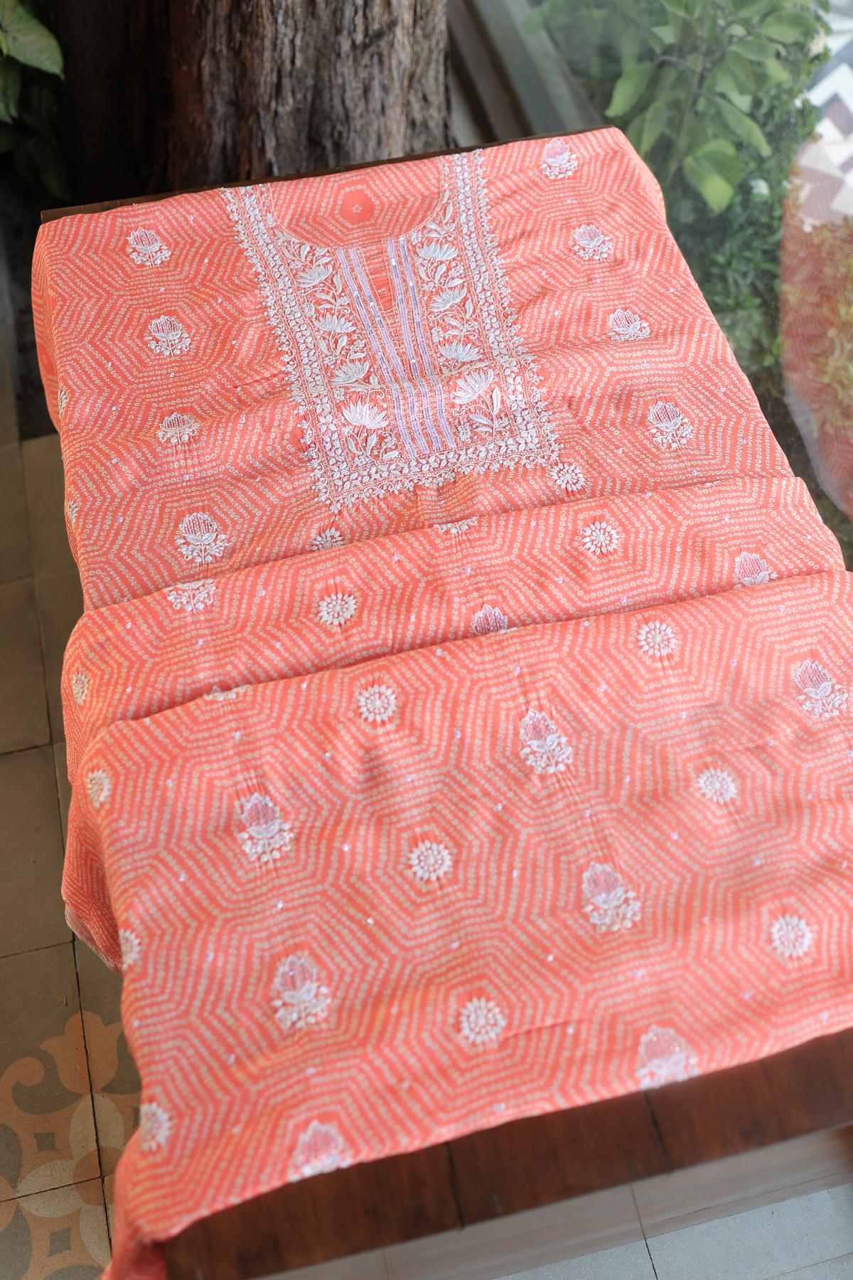 Coral Peach Muslin Chikankari Kurta Fabric