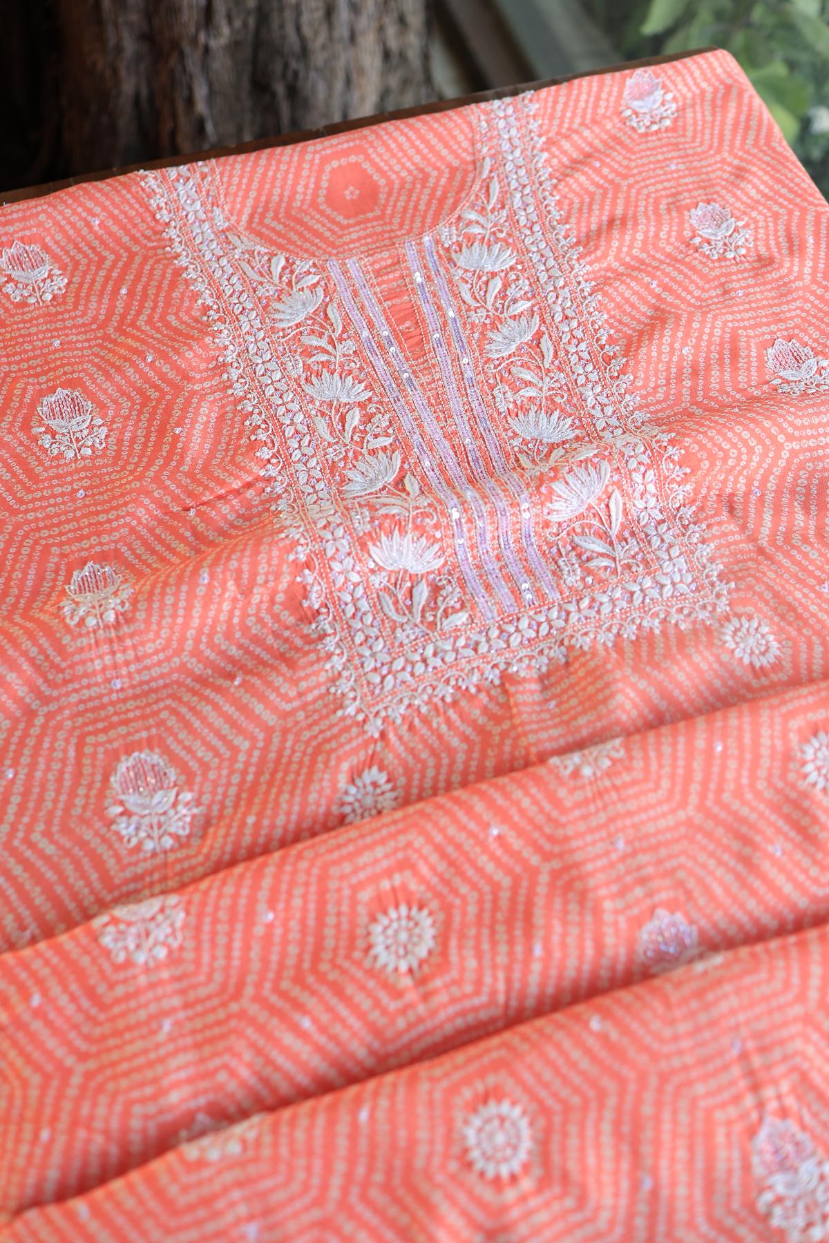 Coral Peach Muslin Chikankari Kurta Fabric