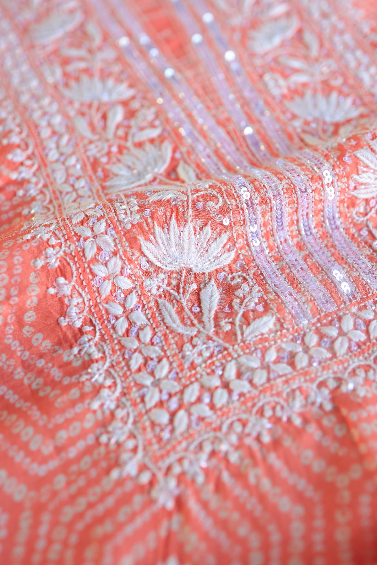 Coral Peach Muslin Chikankari Kurta Fabric