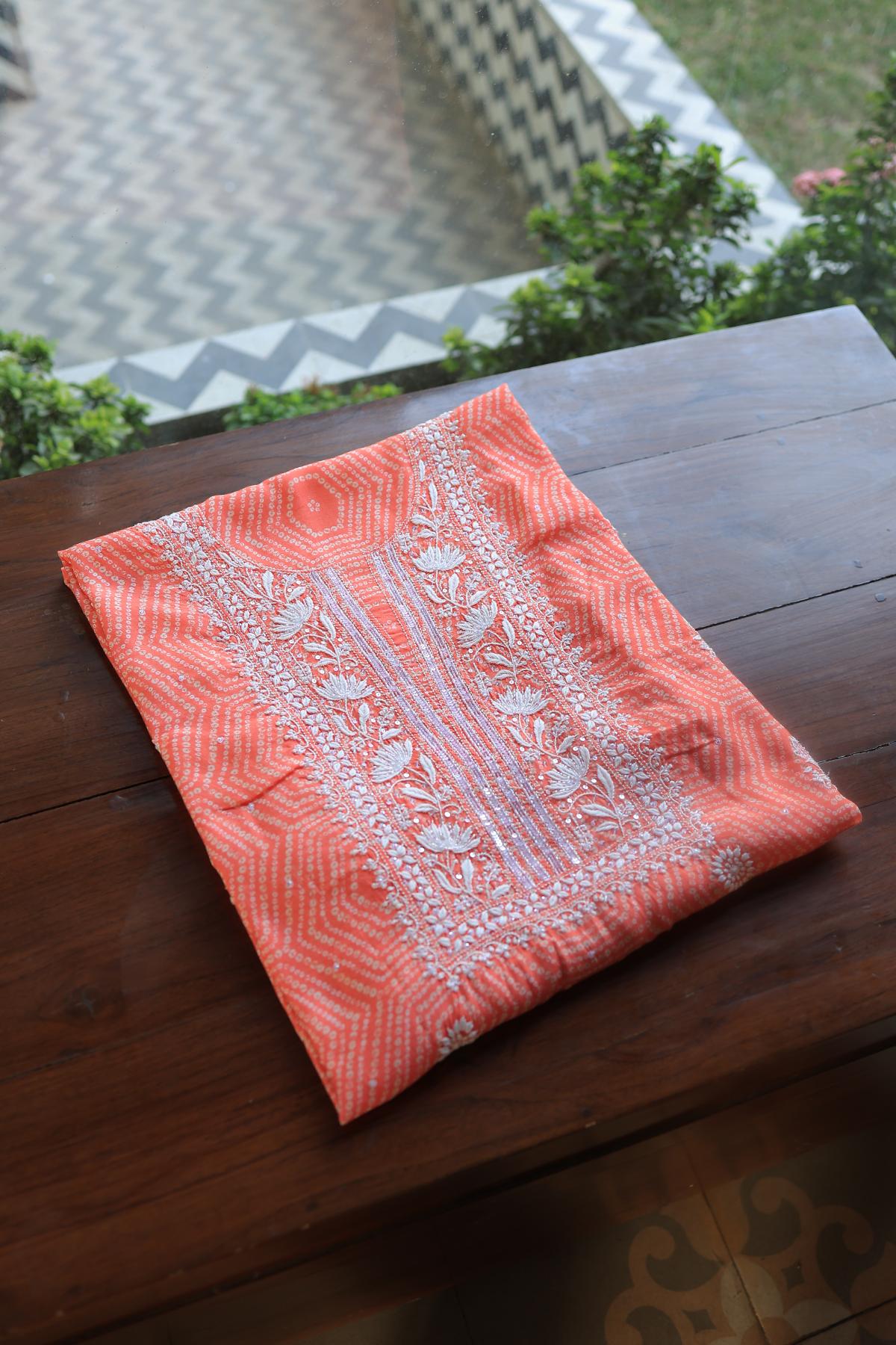 Coral Peach Muslin Chikankari Kurta Fabric