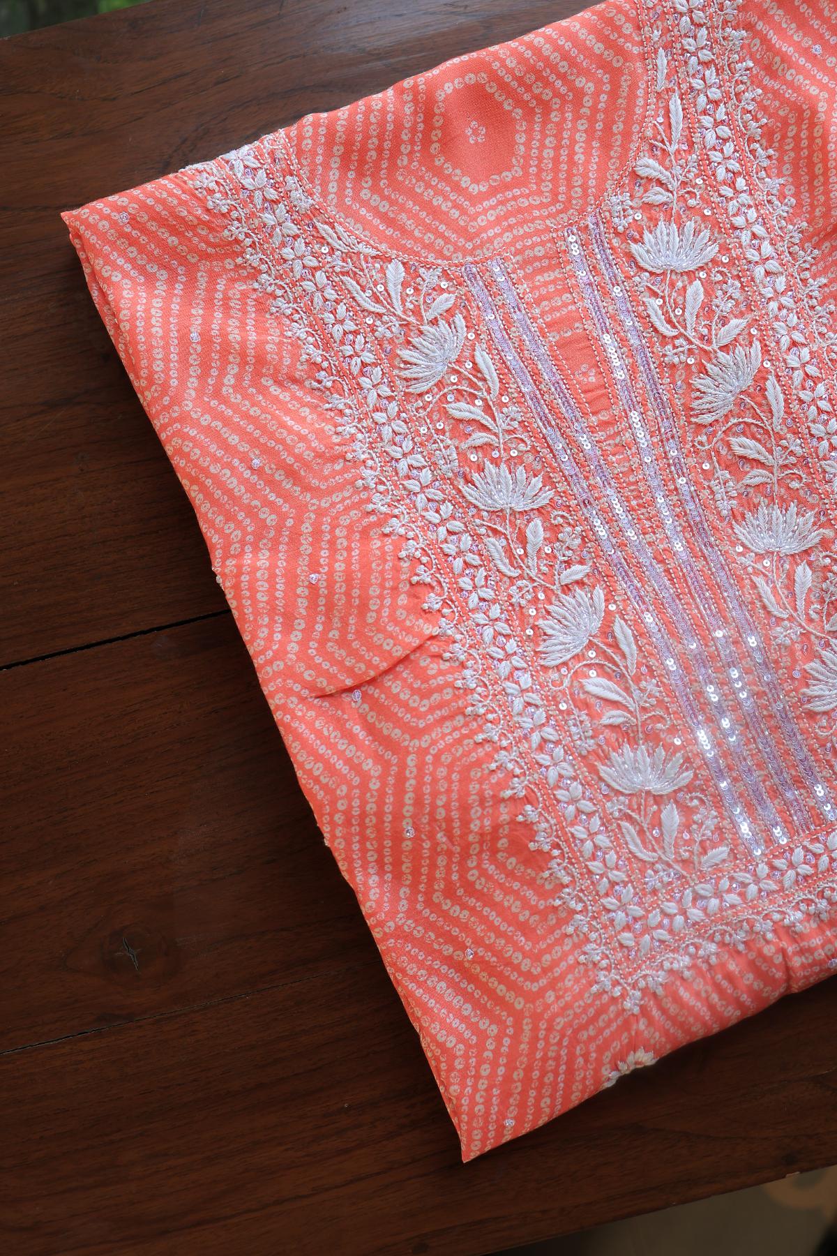 Coral Peach Muslin Chikankari Kurta Fabric