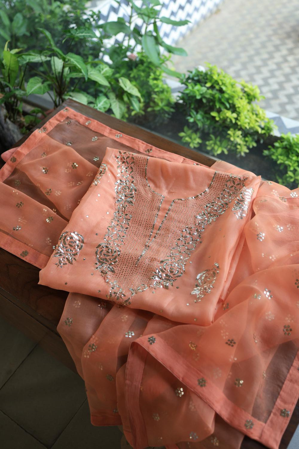 Coral Peach Noor Organza Silk Mukaish Badla Unstitched Kurta Dupatta Set