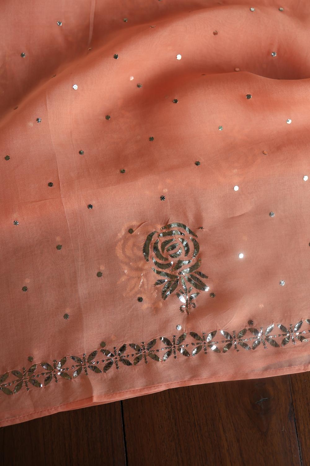 Coral Peach Noor Organza Silk Mukaish Badla Unstitched Kurta Dupatta Set