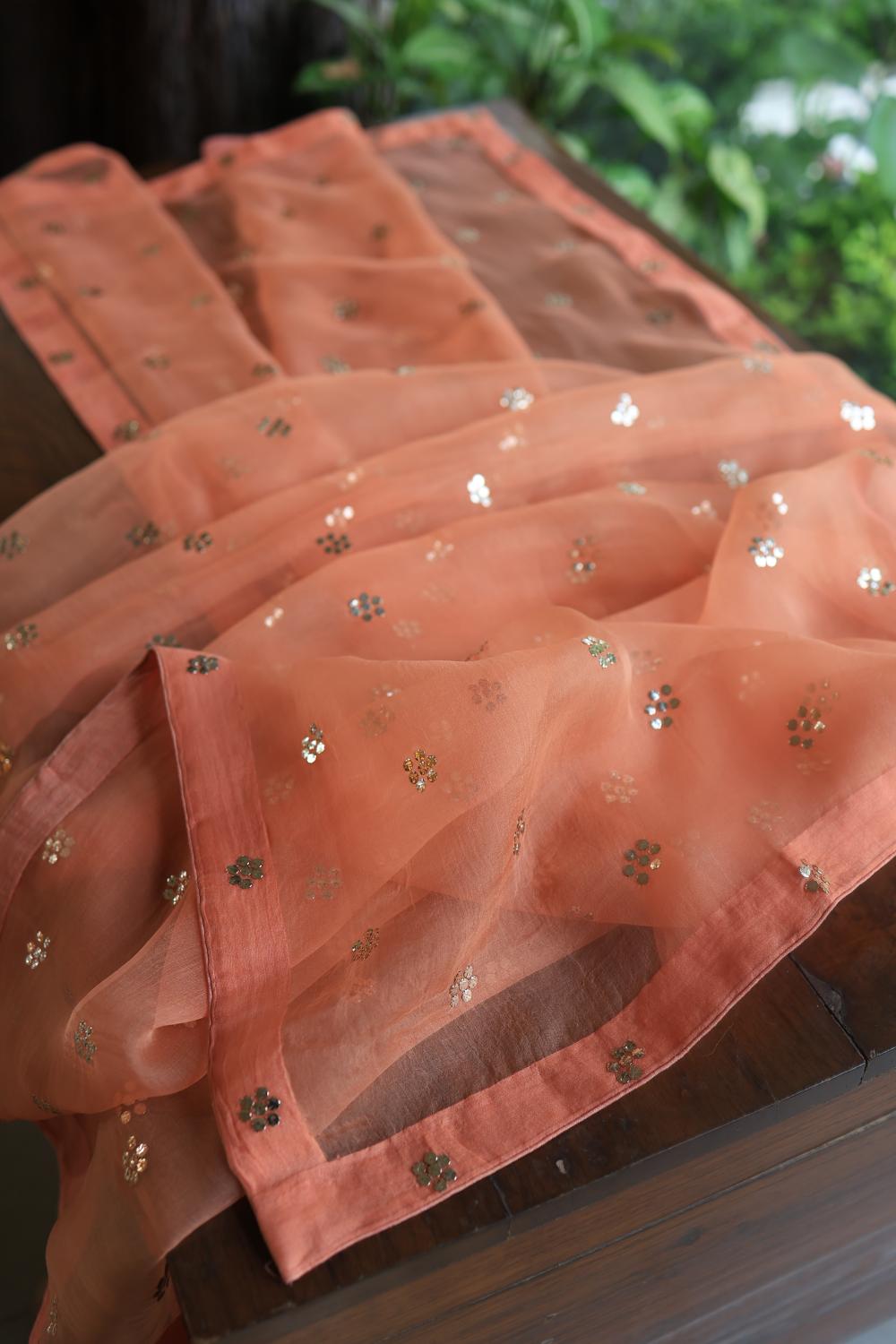 Coral Peach Noor Organza Silk Mukaish Badla Unstitched Kurta Dupatta Set