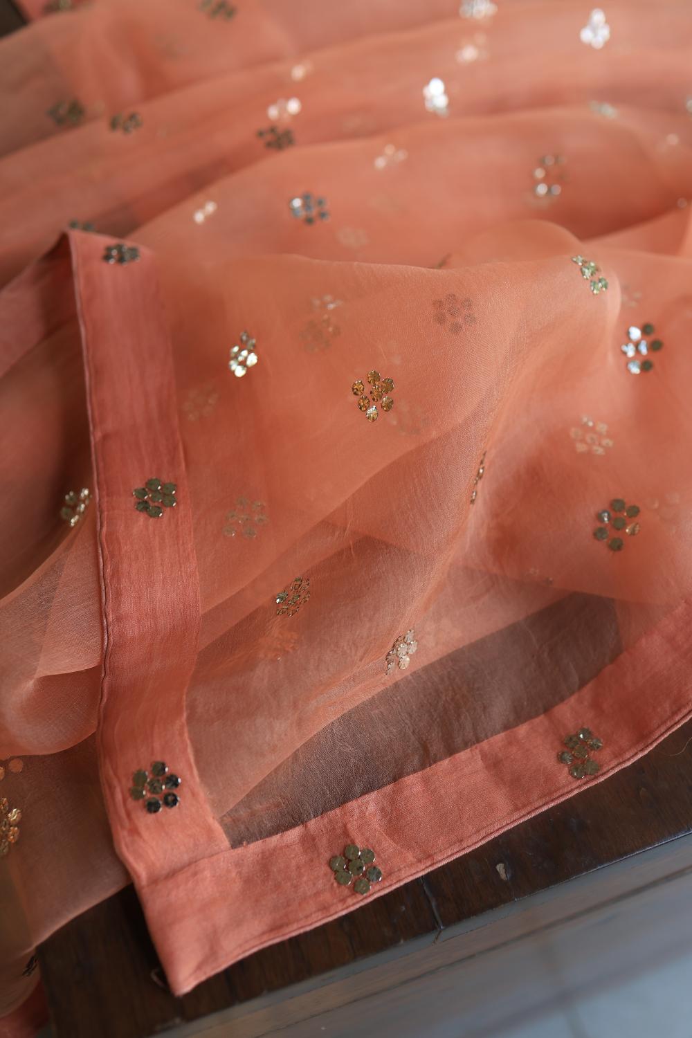 Coral Peach Noor Organza Silk Mukaish Badla Unstitched Kurta Dupatta Set