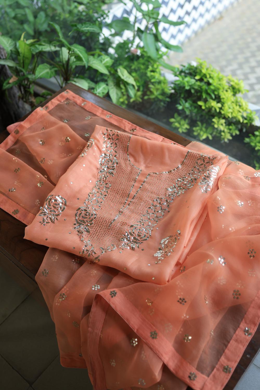 Coral Peach Noor Organza Silk Mukaish Badla Unstitched Kurta Dupatta Set