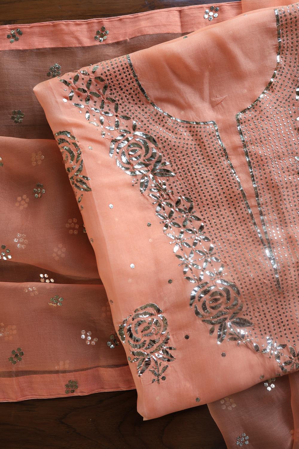 Coral Peach Noor Organza Silk Mukaish Badla Unstitched Kurta Dupatta Set