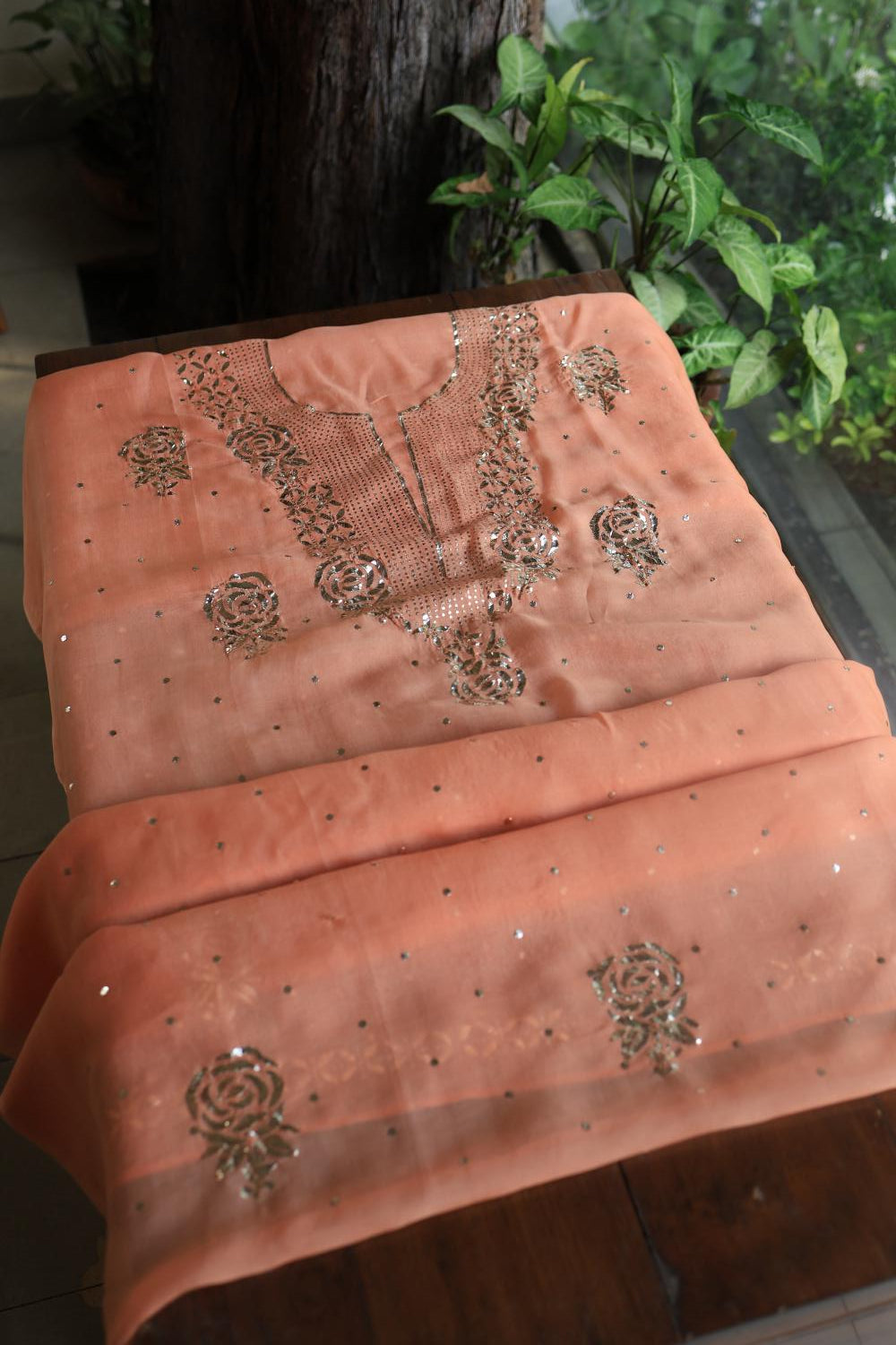 Coral Peach Noor Organza Silk Mukaish Badla Unstitched Kurta Dupatta Set