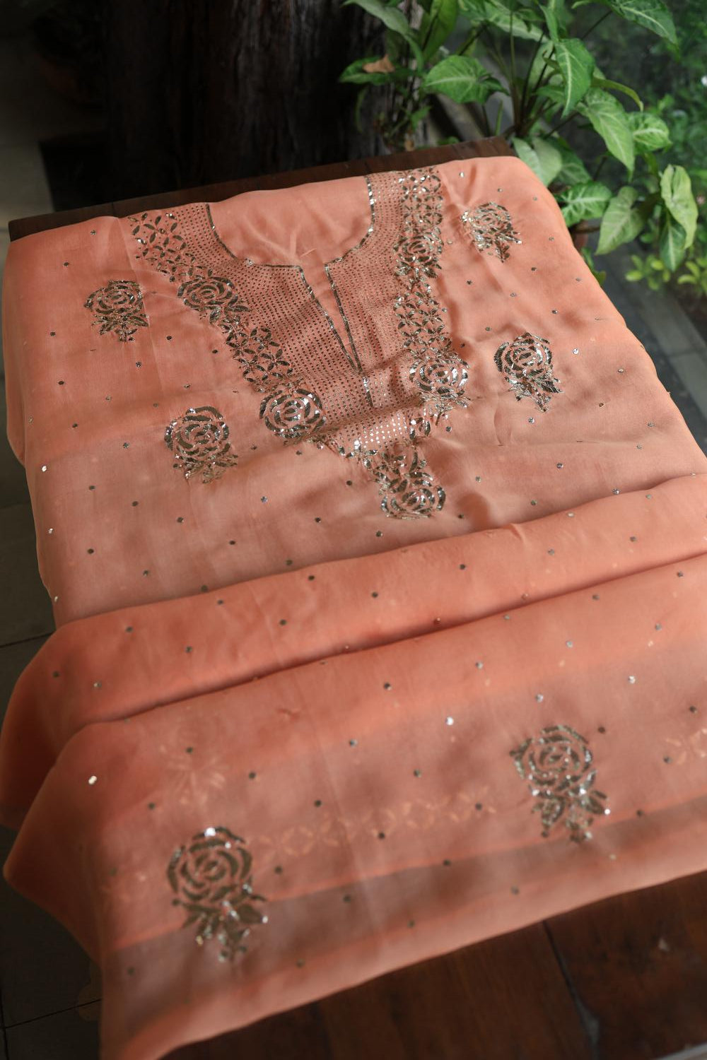 Coral Peach Noor Organza Silk Mukaish Badla Unstitched Kurta Dupatta Set