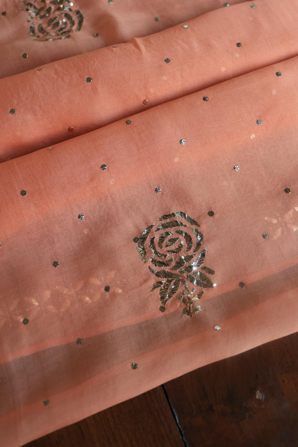 Coral Peach Noor Organza Silk Mukaish Badla Unstitched Kurta Dupatta Set