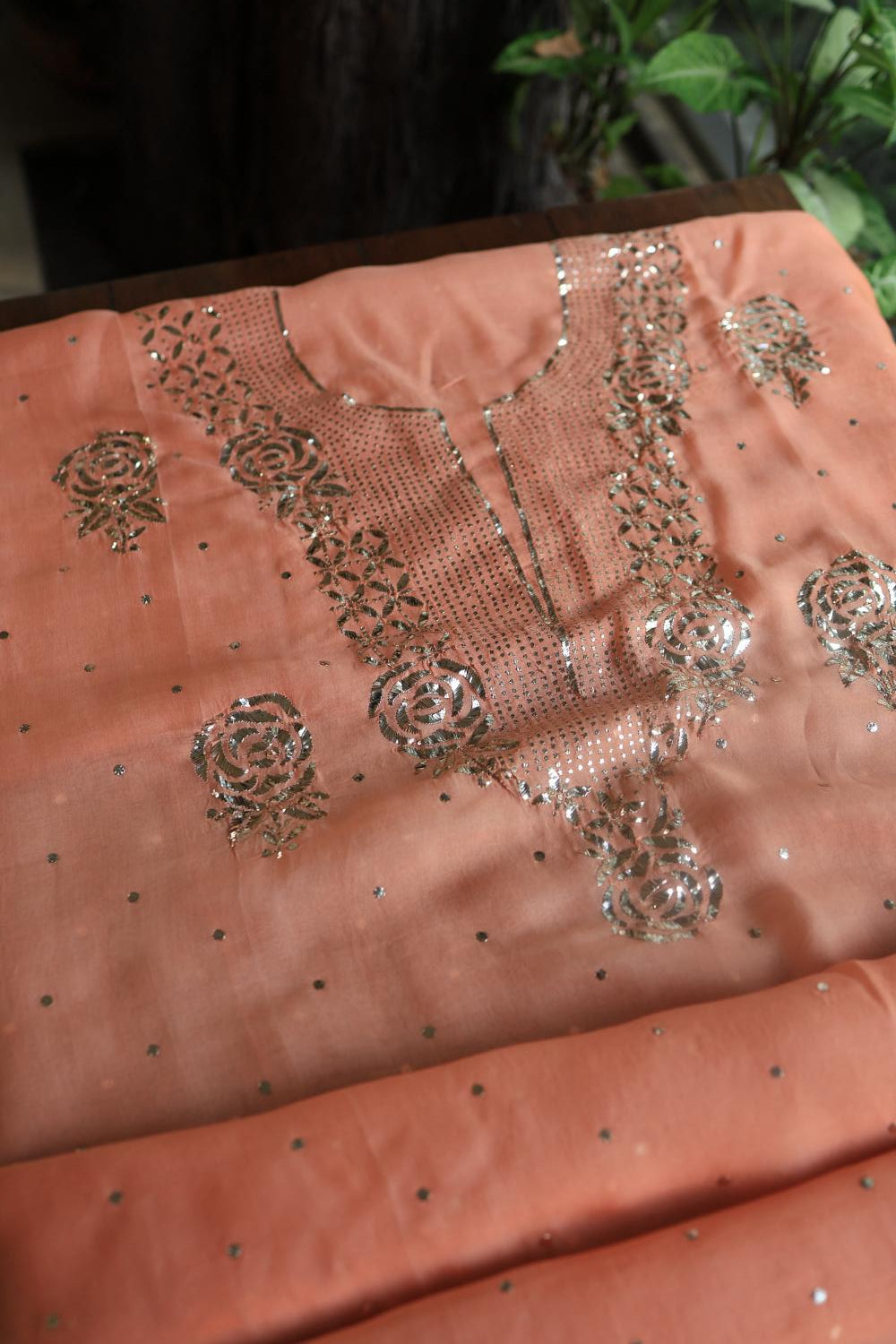 Coral Peach Noor Organza Silk Mukaish Badla Unstitched Kurta Dupatta Set