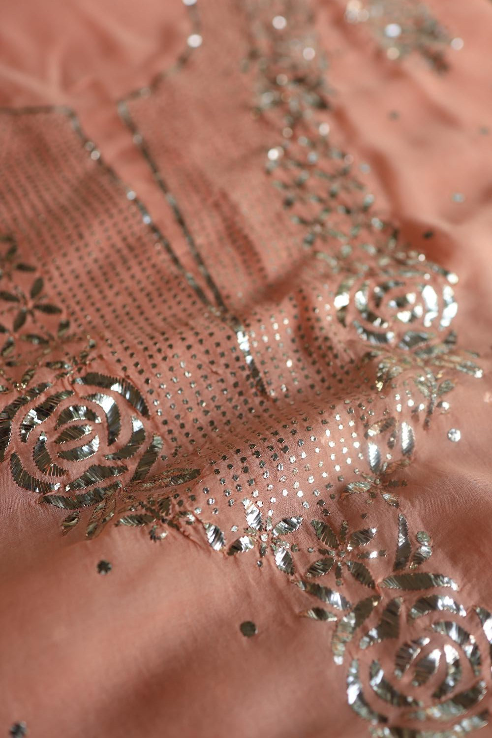 Coral Peach Noor Organza Silk Mukaish Badla Unstitched Kurta Dupatta Set