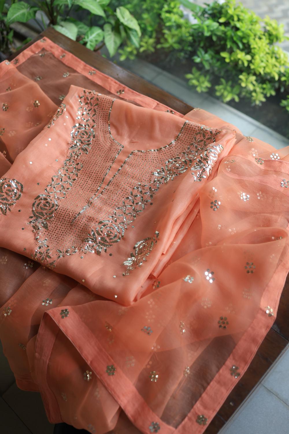 Coral Peach Noor Organza Silk Mukaish Badla Unstitched Kurta Dupatta Set