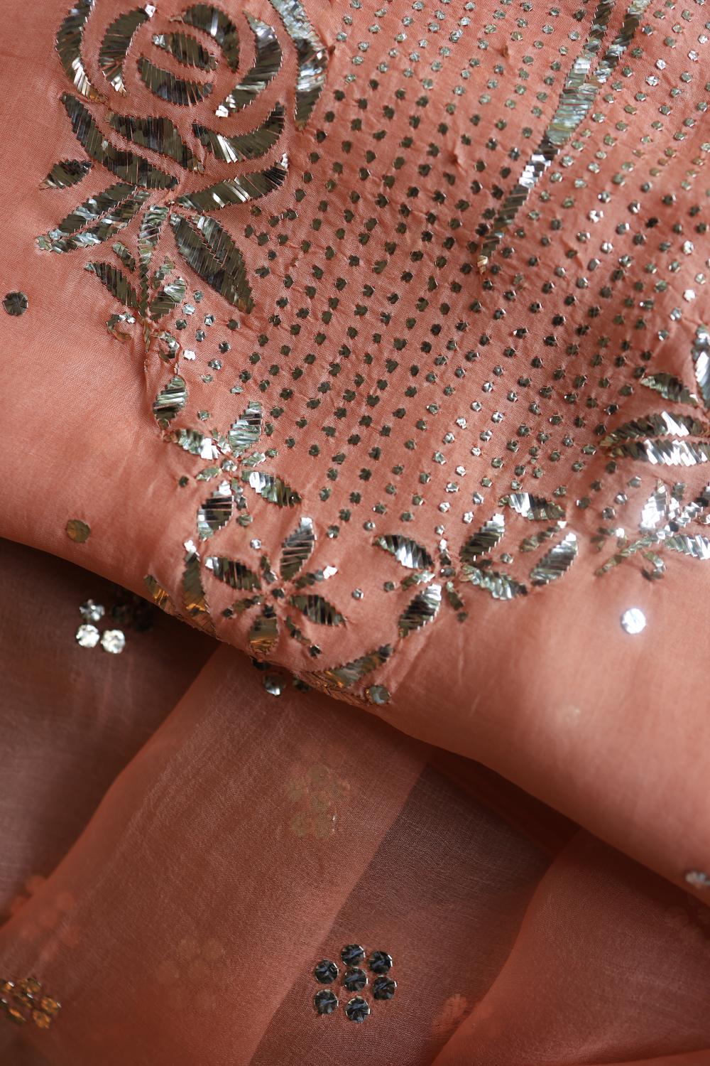 Coral Peach Noor Organza Silk Mukaish Badla Unstitched Kurta Dupatta Set