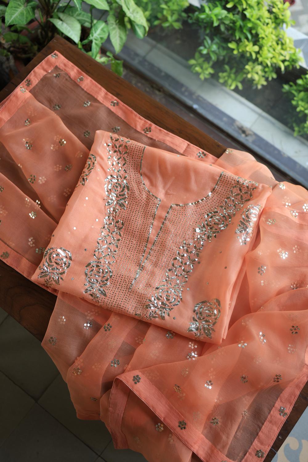 Coral Peach Noor Organza Silk Mukaish Badla Unstitched Kurta Dupatta Set