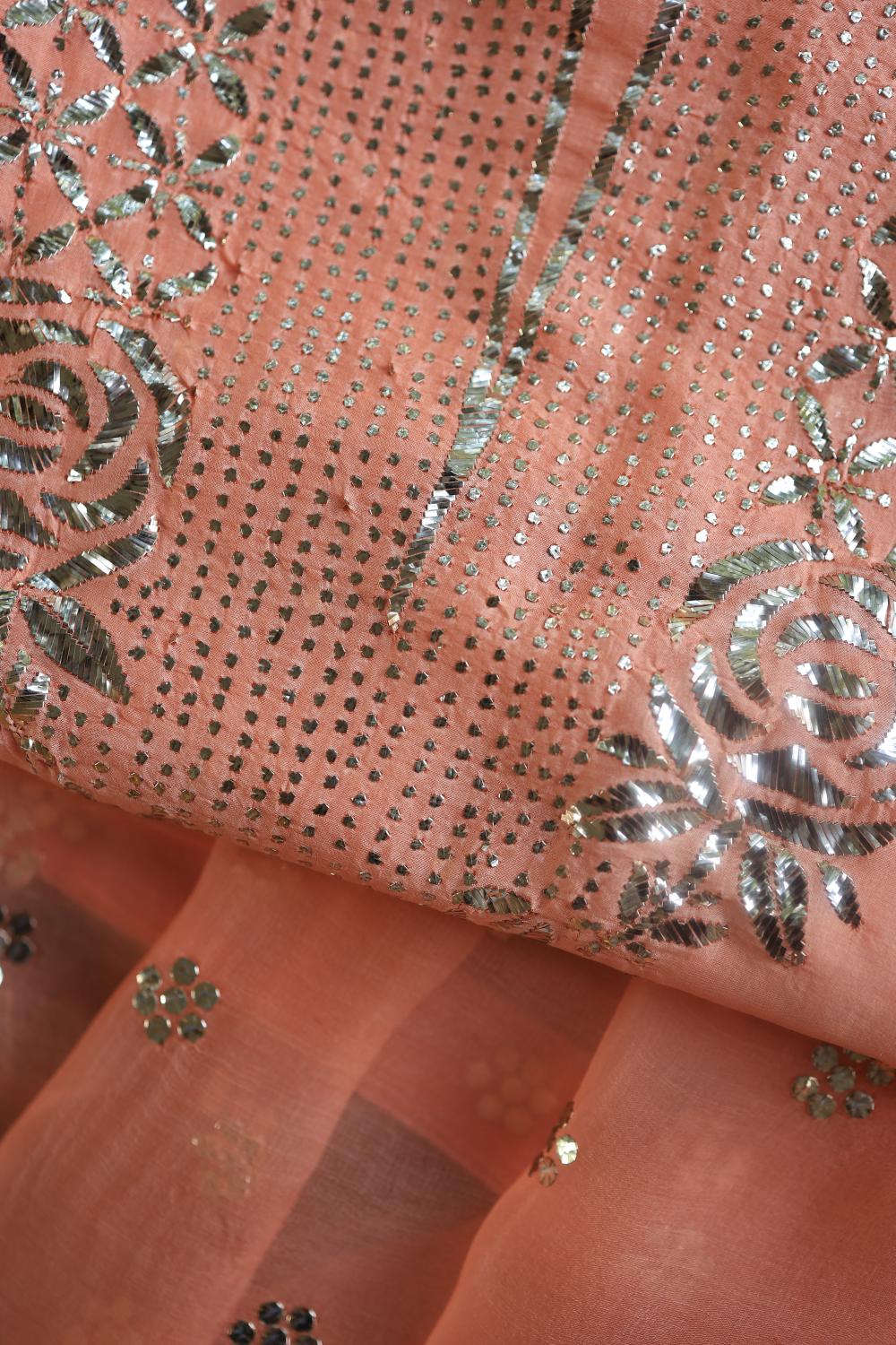 Coral Peach Noor Organza Silk Mukaish Badla Unstitched Kurta Dupatta Set