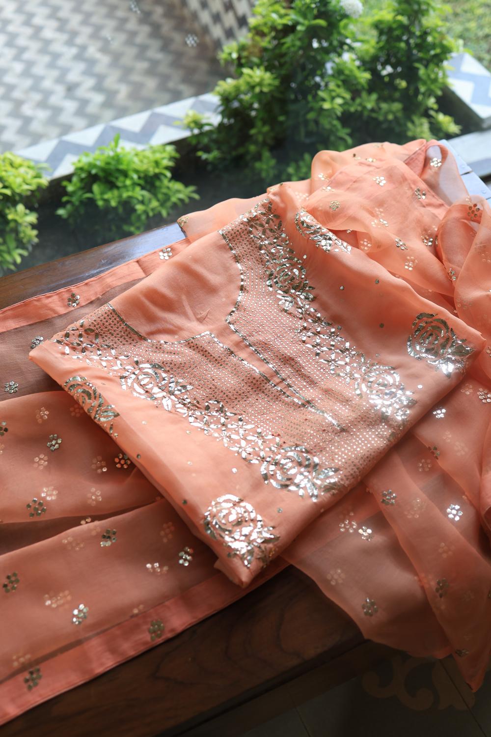 Coral Peach Noor Organza Silk Mukaish Badla Unstitched Kurta Dupatta Set