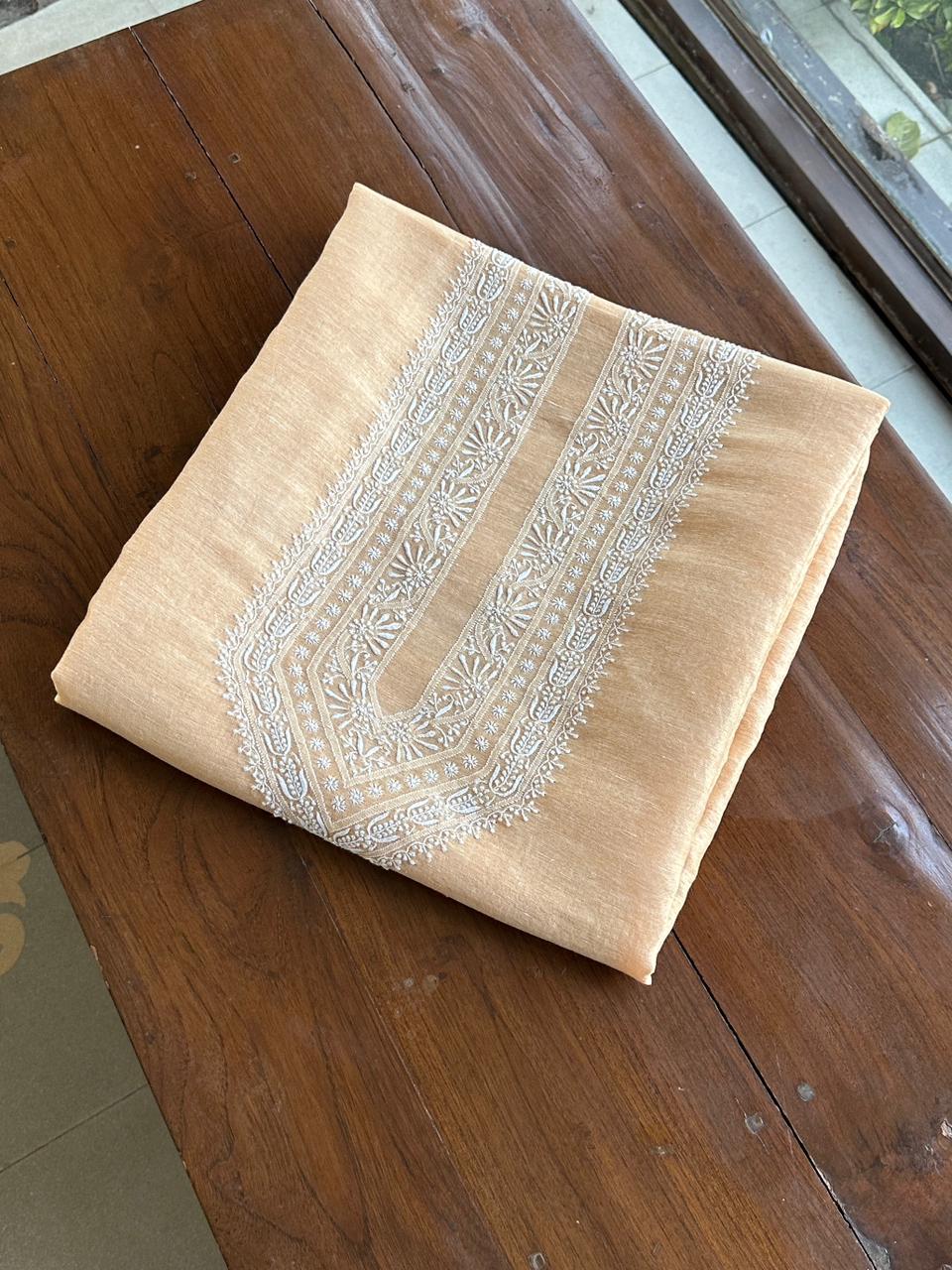 Coral Peach Shade Linen Chikankari Unstitched Men's Kurtas Fabric