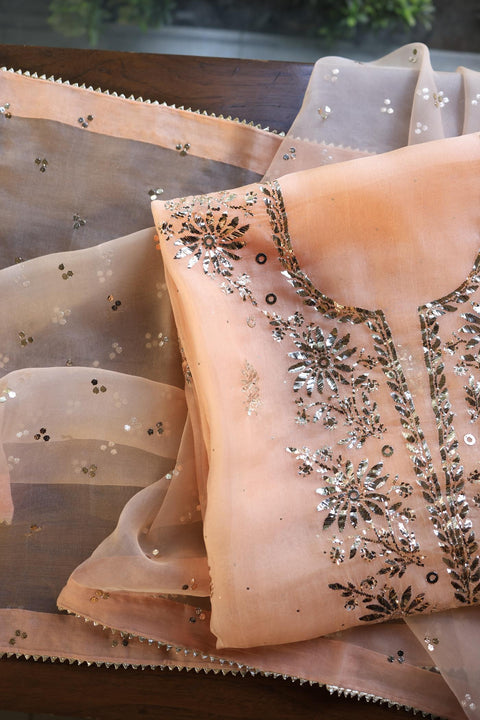 Coral Peach Shade Noor Organza Silk Badla Unstitched Kurta Dupatta Set