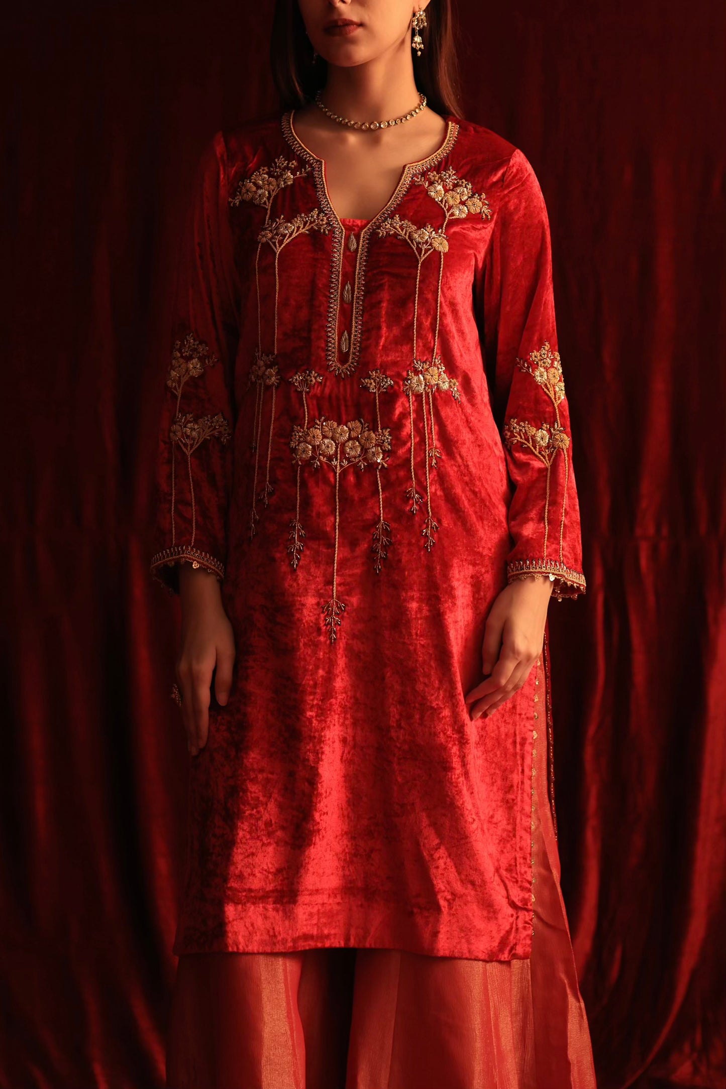 Coral Red Shade | Saman Velvet Ready To Wear Kurta Set
