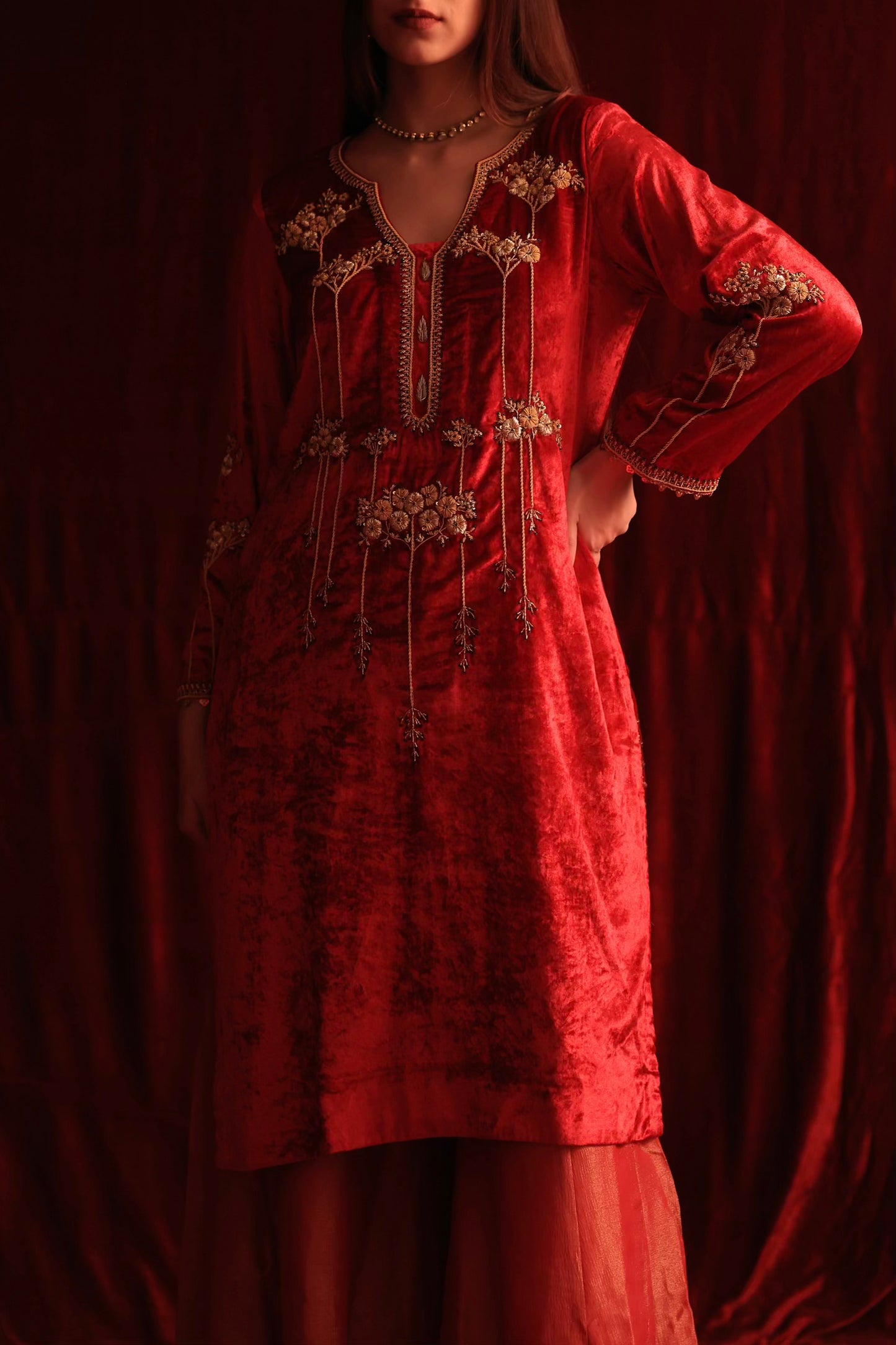 Coral Red Shade | Saman Velvet Ready To Wear Kurta Set