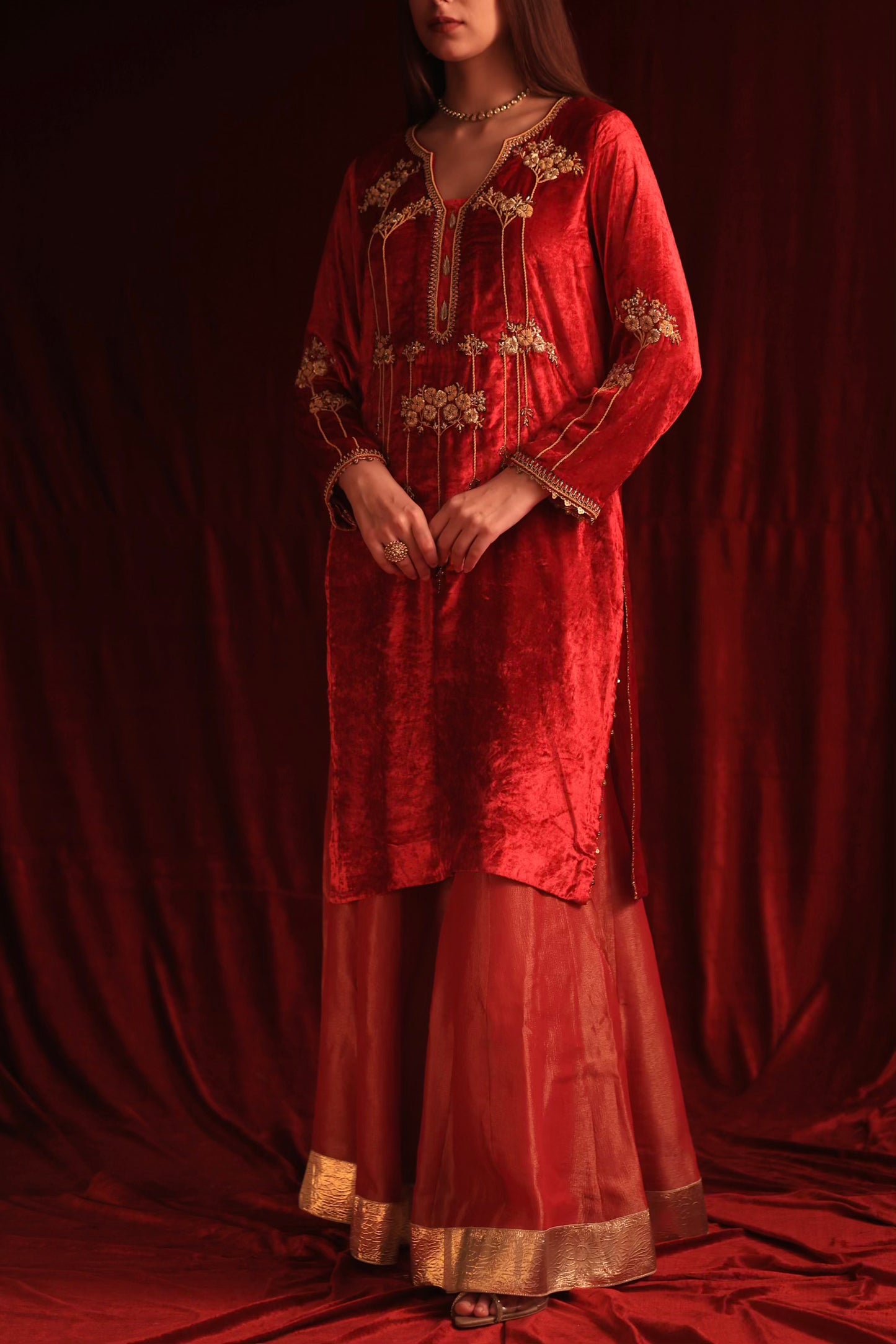 Coral Red Shade | Saman Velvet Ready To Wear Kurta Set