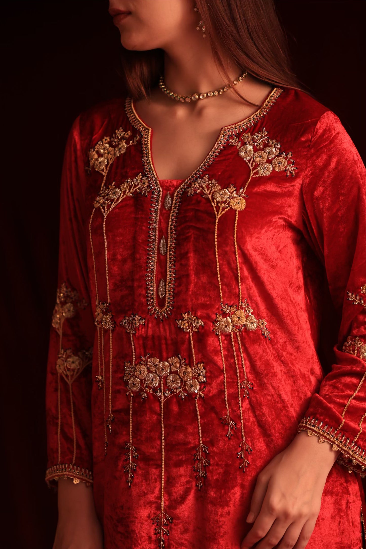 Coral Red Shade | Saman Velvet Ready To Wear Kurta Set