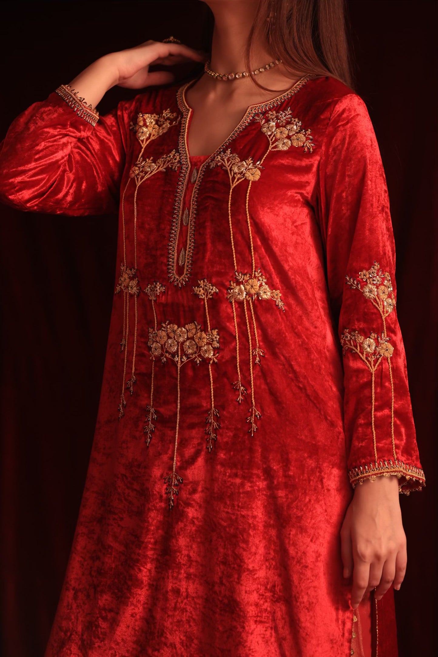 Coral Red Shade | Saman Velvet Ready To Wear Kurta Set