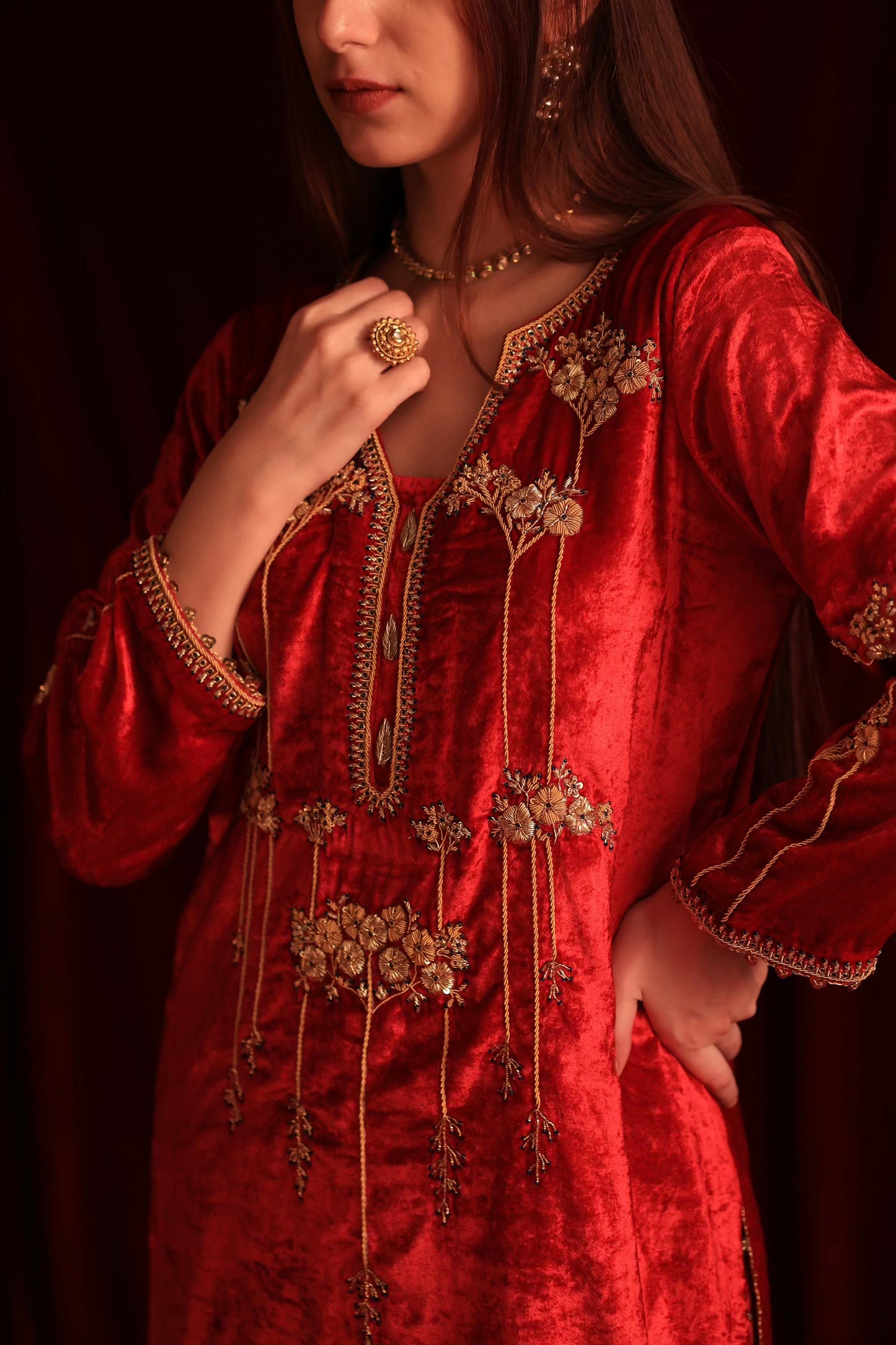 Coral Red Shade | Saman Velvet Ready To Wear Kurta Set