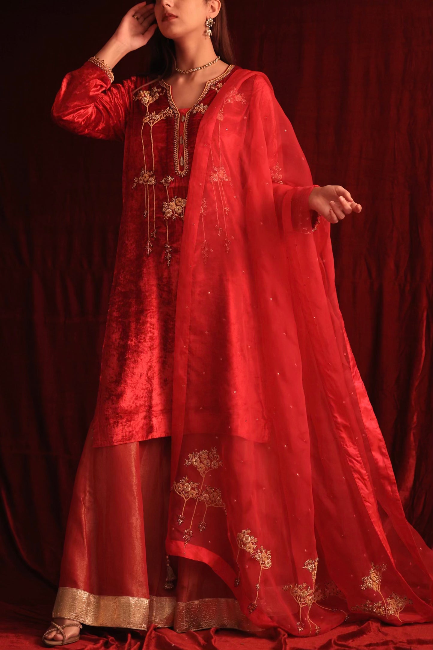 Coral Red Shade | Saman Velvet Ready To Wear Kurta Set