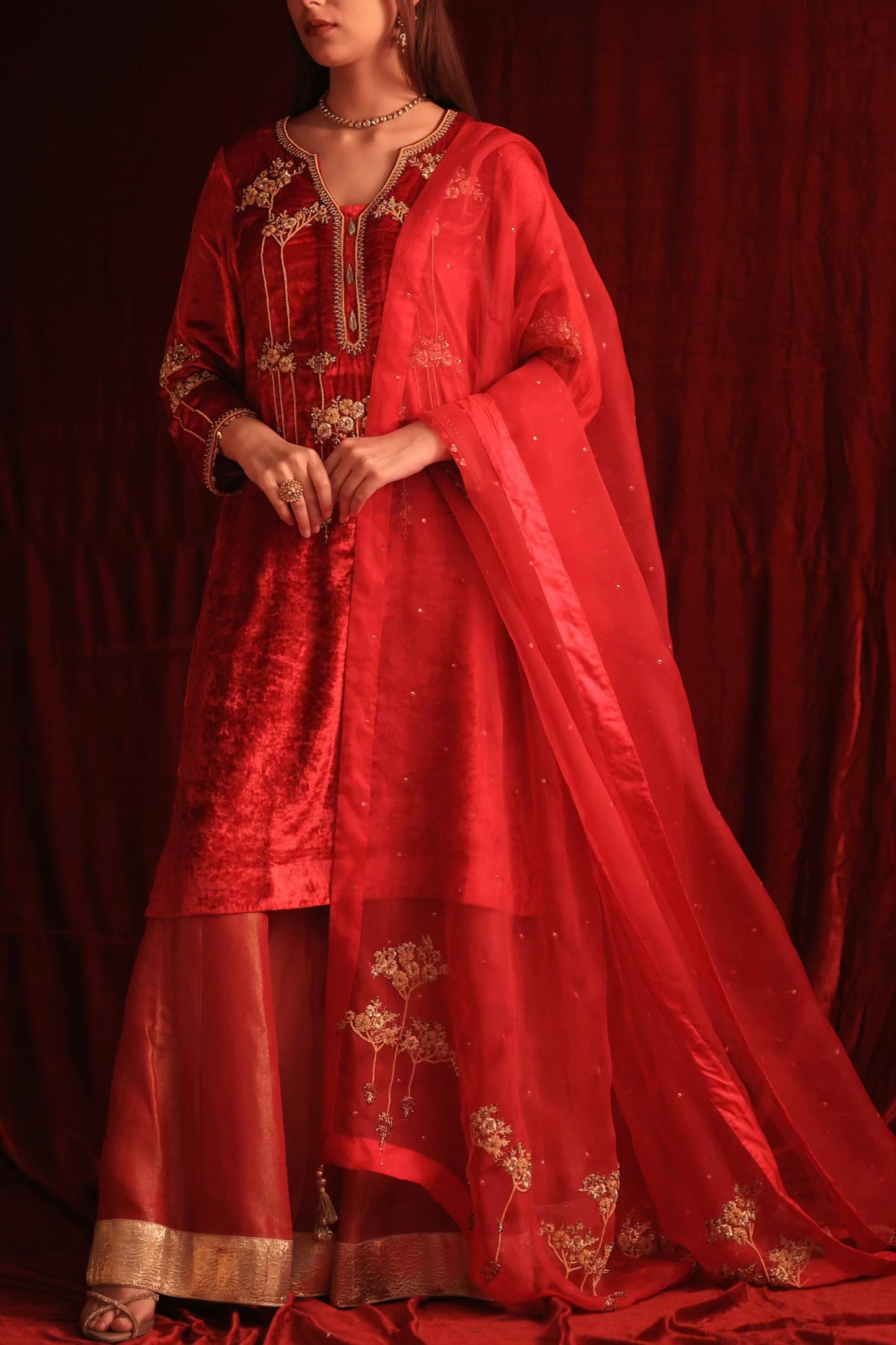 Coral Red Shade | Saman Velvet Ready To Wear Kurta Set