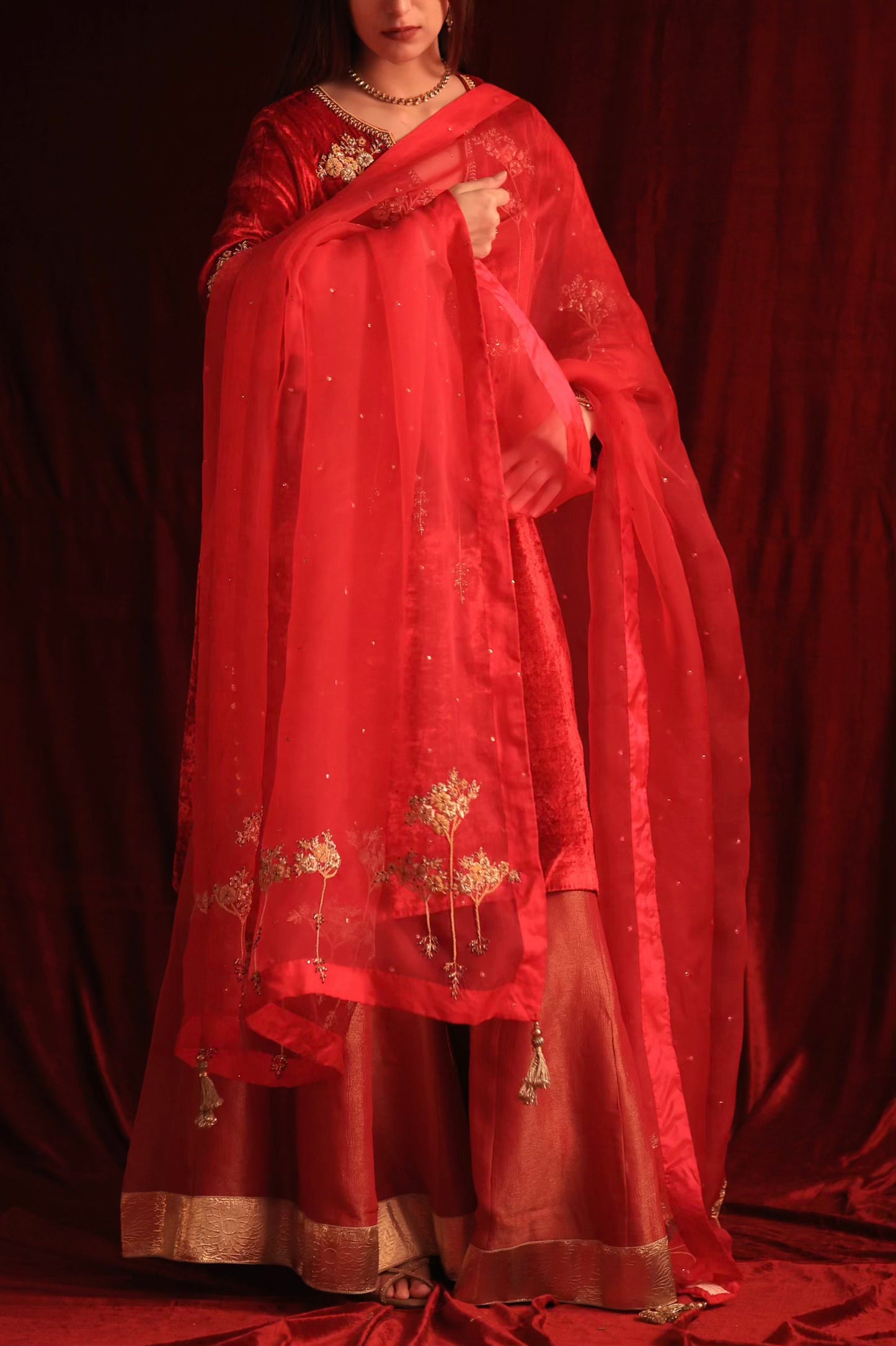 Coral Red Shade | Saman Velvet Ready To Wear Kurta Set