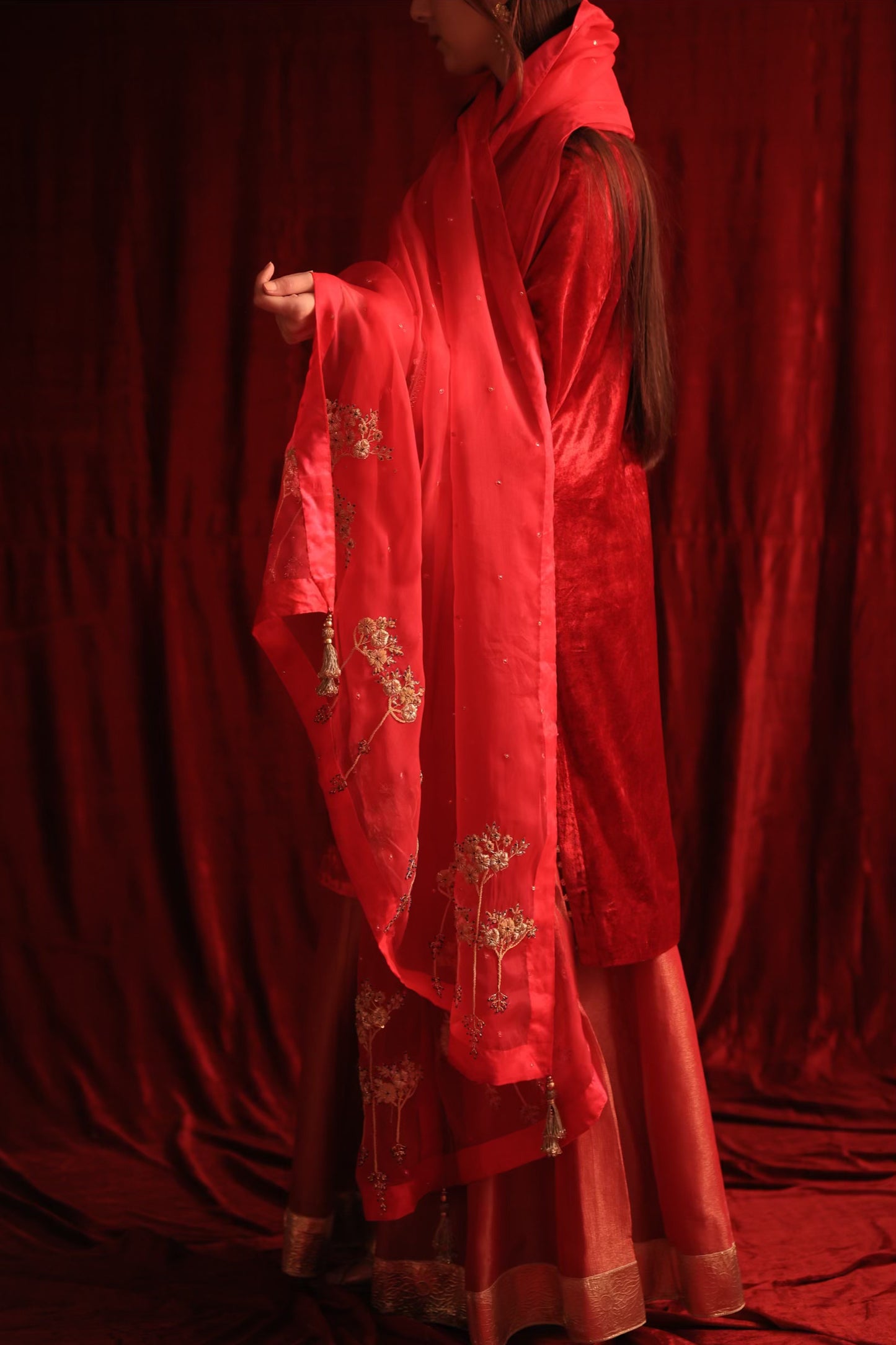 Coral Red Shade | Saman Velvet Ready To Wear Kurta Set