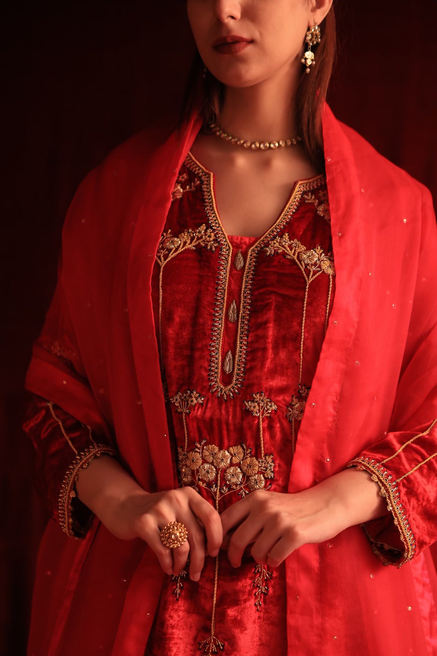 Coral Red Shade | Saman Velvet Ready To Wear Kurta Set