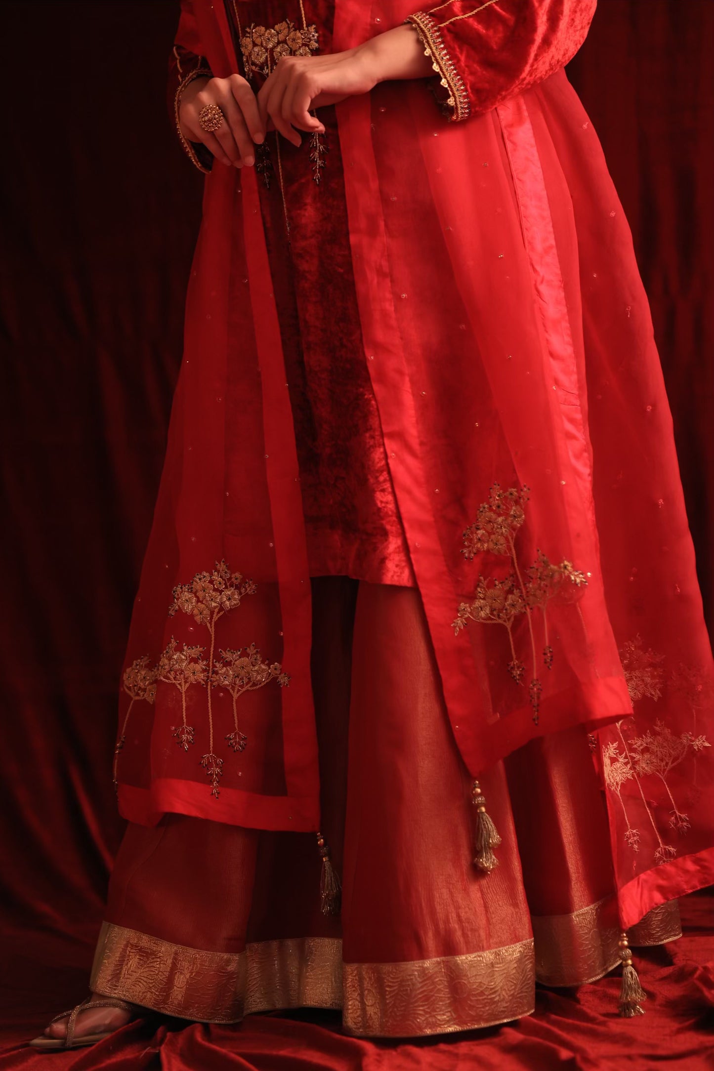 Coral Red Shade | Saman Velvet Ready To Wear Kurta Set