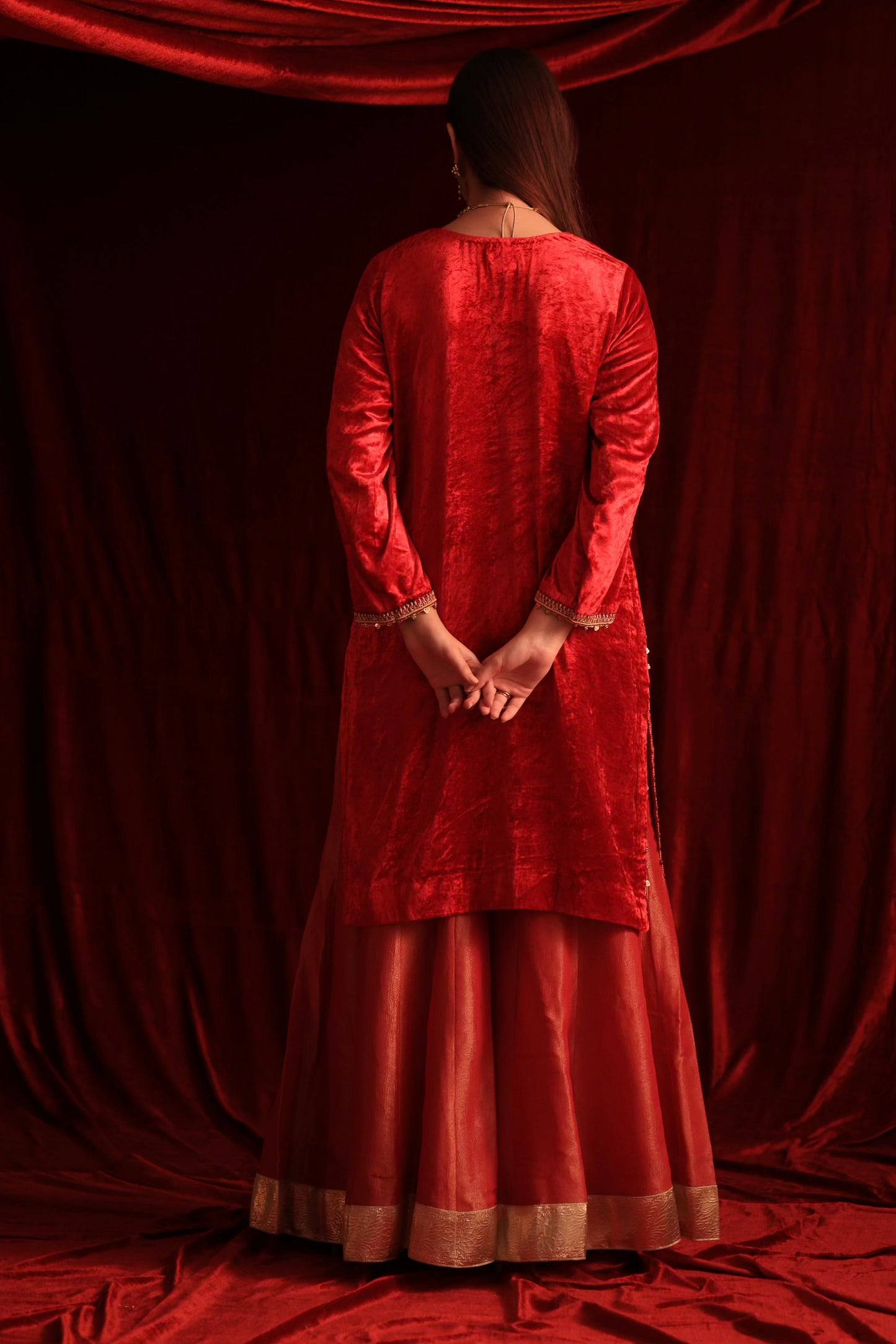 Coral Red Shade | Saman Velvet Ready To Wear Kurta Set