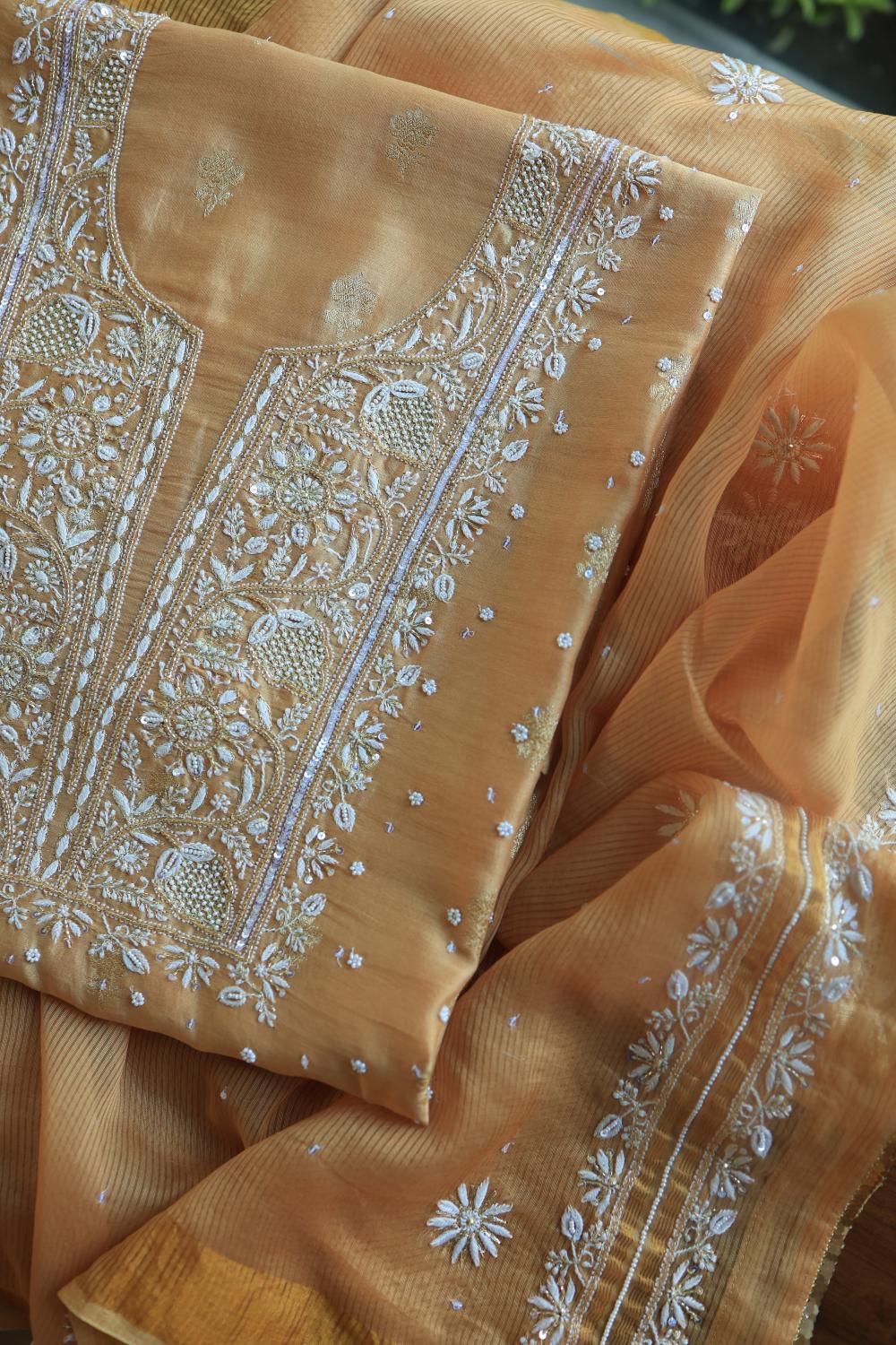 Coral Peach Banarasi Zari Chanderi Unstitched Chikankari Fabric