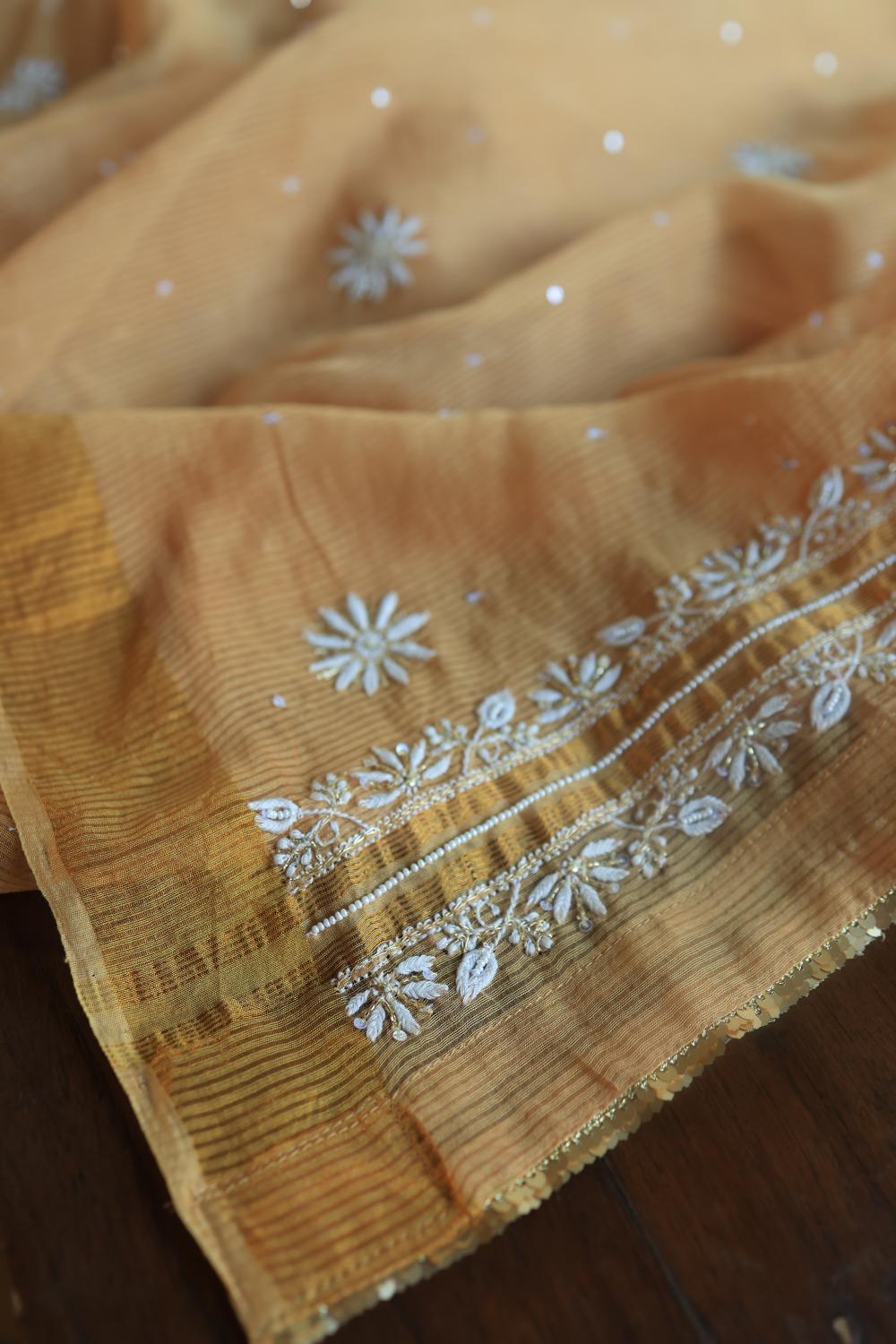 Coral Peach Banarasi Zari Chanderi Unstitched Chikankari Fabric