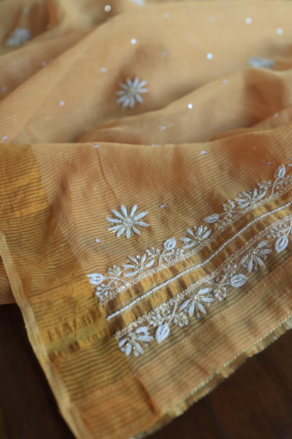 Coral Peach Banarasi Zari Chanderi Unstitched Chikankari Fabric